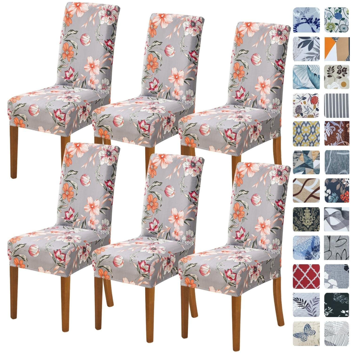SPRINGRICO Chair Covers for Dining Room 6 Pack, Stretch Dining Chair Cover, Washable Spandex Kitchen Parsons Chair Slipcovers, Removable Seat Protector for Home or Party (Set of 6, Gray Bloom)