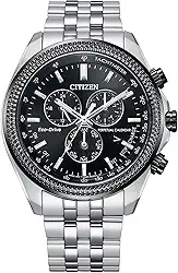 Relógio cronógrafo clássico Eco-Drive masculino em aço inoxidável com calendário perpétuo, taquímetro, Mostrador preto., Cronógrafo