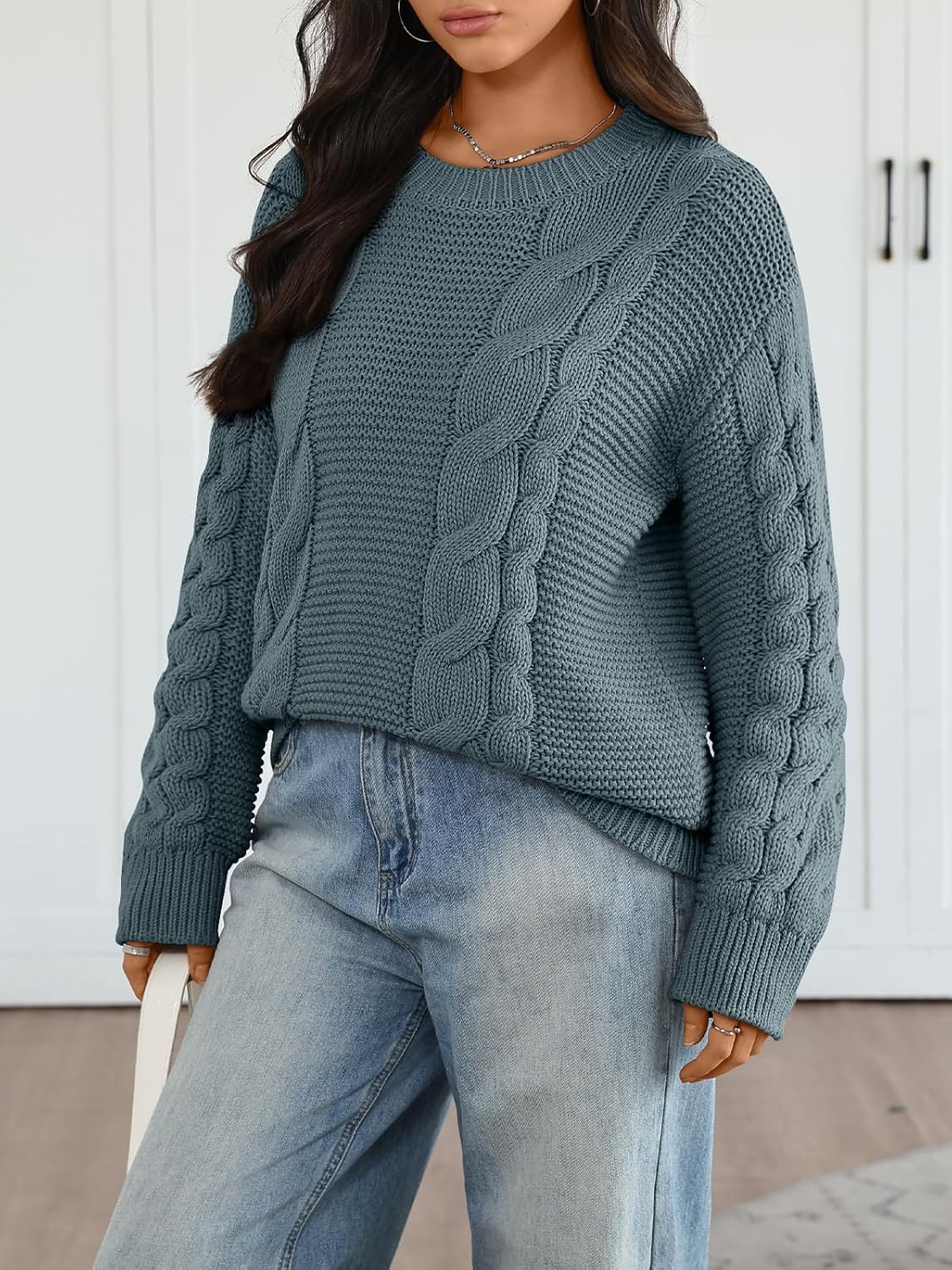 Trendy Queen Cable Knit Oversized Sweaters Womens Cozy Pullover Sweater Fall Winter Clothes - Image 3