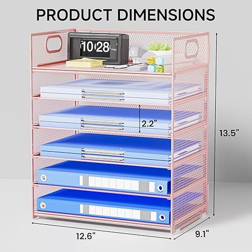 Miniatura 2 de Organizador de papel rosa para escritorio con asa, organizador de archivos de malla metálica de 6 niveles  Organizador de escritorio apilable para