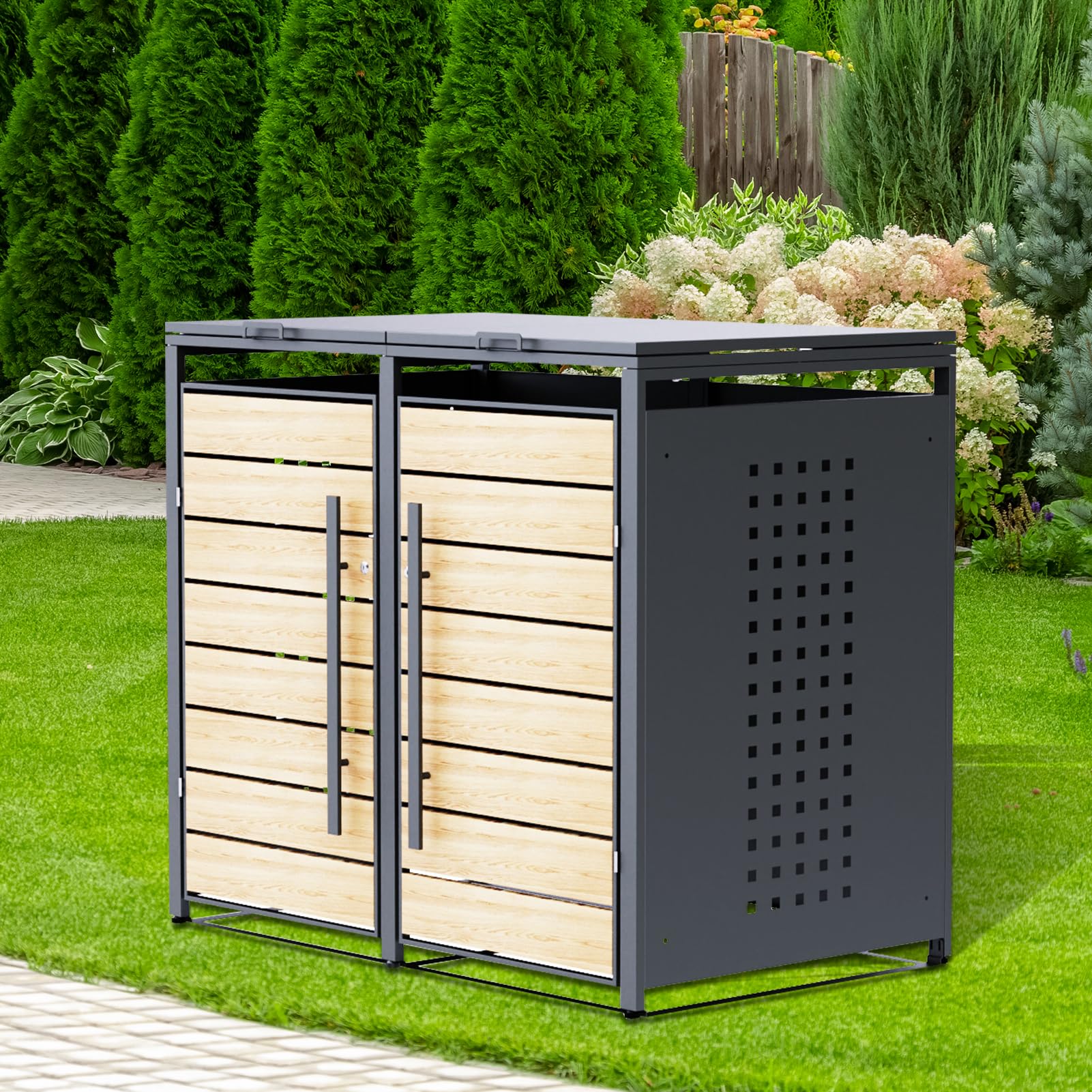 CHOSHOME Mülltonnenbox 2er 240L - Anthrazitgrau Verzinkter Stahl & Holzoptik - 2 Tonnen mit Abschließbar - inkl. Erweiterungsmöglichkeit - Mülltonnenverkleidung, Aufbewahrungsbox für Mülltonnen