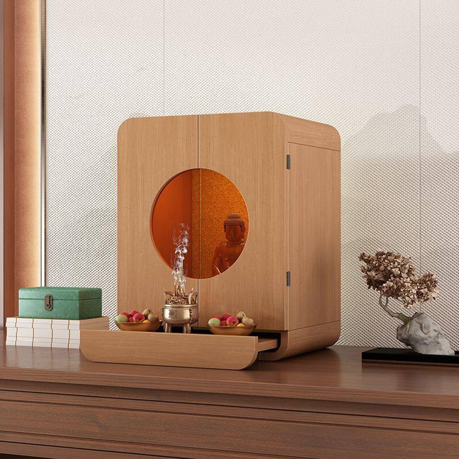 JNTFNE Modern Minimalist Buddhist Shrine Altar Table for Home, Wood Buddha Cabinet with Drawer & LED Light Guanyin, God of Wealth(Light Walnut-B,Large)