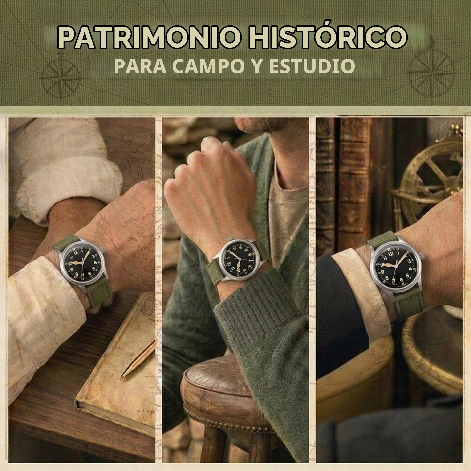 PRAESIDUS | Reloj de Servicio A-11 (Edición Tom Rice) - Relojes para Hombres - A11 Militar - Vidrio acrílico, caraguilla Negra de 38mm y Correa de Lona Verde - Montado en EE.UU., WW2