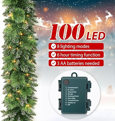 Miniatura 3 de Jin&Bao Guirnalda de Navidad de 9 pies con luces, guirnalda de piña verde preiluminada con 100 luces LED, decoraciones de Navidad con función de