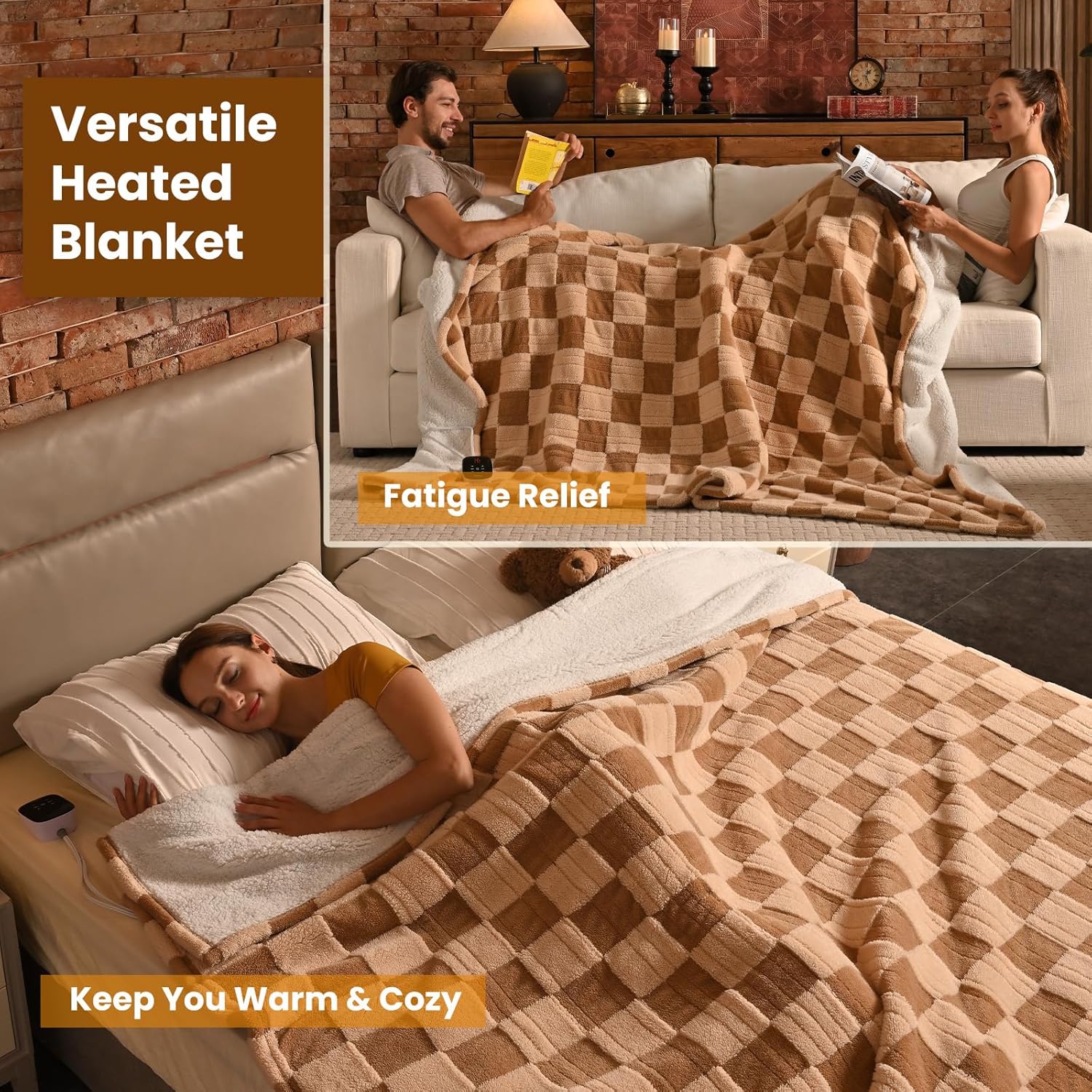Bearhug Electric Blanket Full Size 77" x 84", Reversible Brown Plaid Sherpa Heated Blanket, 10 Heating Levels & 1-12H Auto Off, ETL Certified, Machine Washable, Gift Box - Image 5