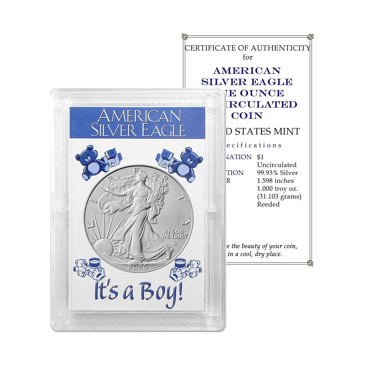 2026 U.S. Silver Eagle 1 oz Brilliant Uncirculated in "It's a Boy" Holder with our Smyrnacoin Certificate of Authenticity Dollar Uncirculated US Mint