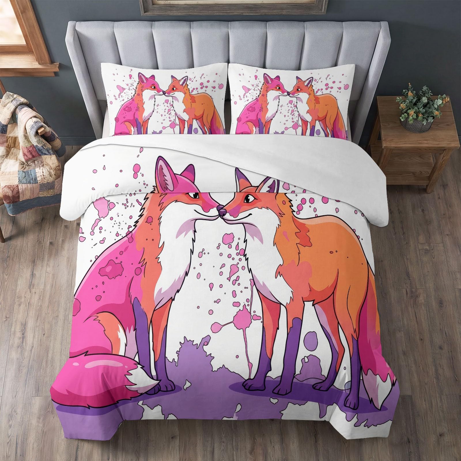 Generisch Bettwäsche Set 3-teilig 200 x 200 cm, Aquarell Kinderbettwäsche Mikrofaser mit Reißverschluss - Bettbezug Tiere Fuchs Herzform für Jungen Mädchen Weiß Bettwaren