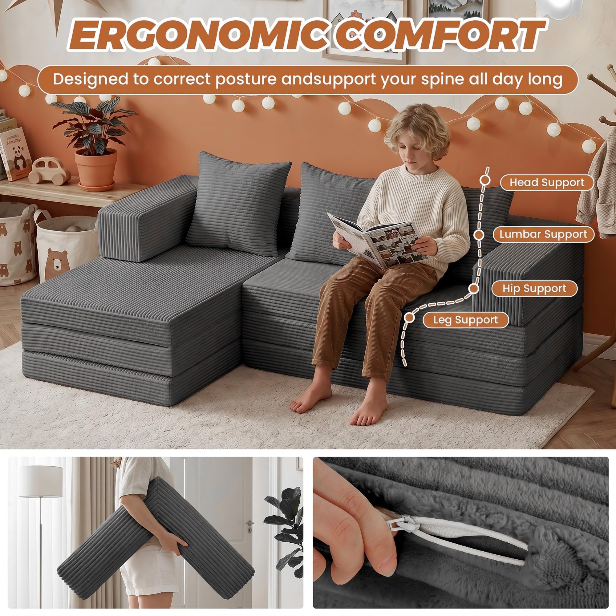 6-in-1 Tri-Folding Mattress | Cloud Boneless L-Shaped Modular Sectional Couches | Corduroy Pet-Friendly Convertible Futon Sofa Bed with 800LB Capacity Apartment, Guest Room, Game Room