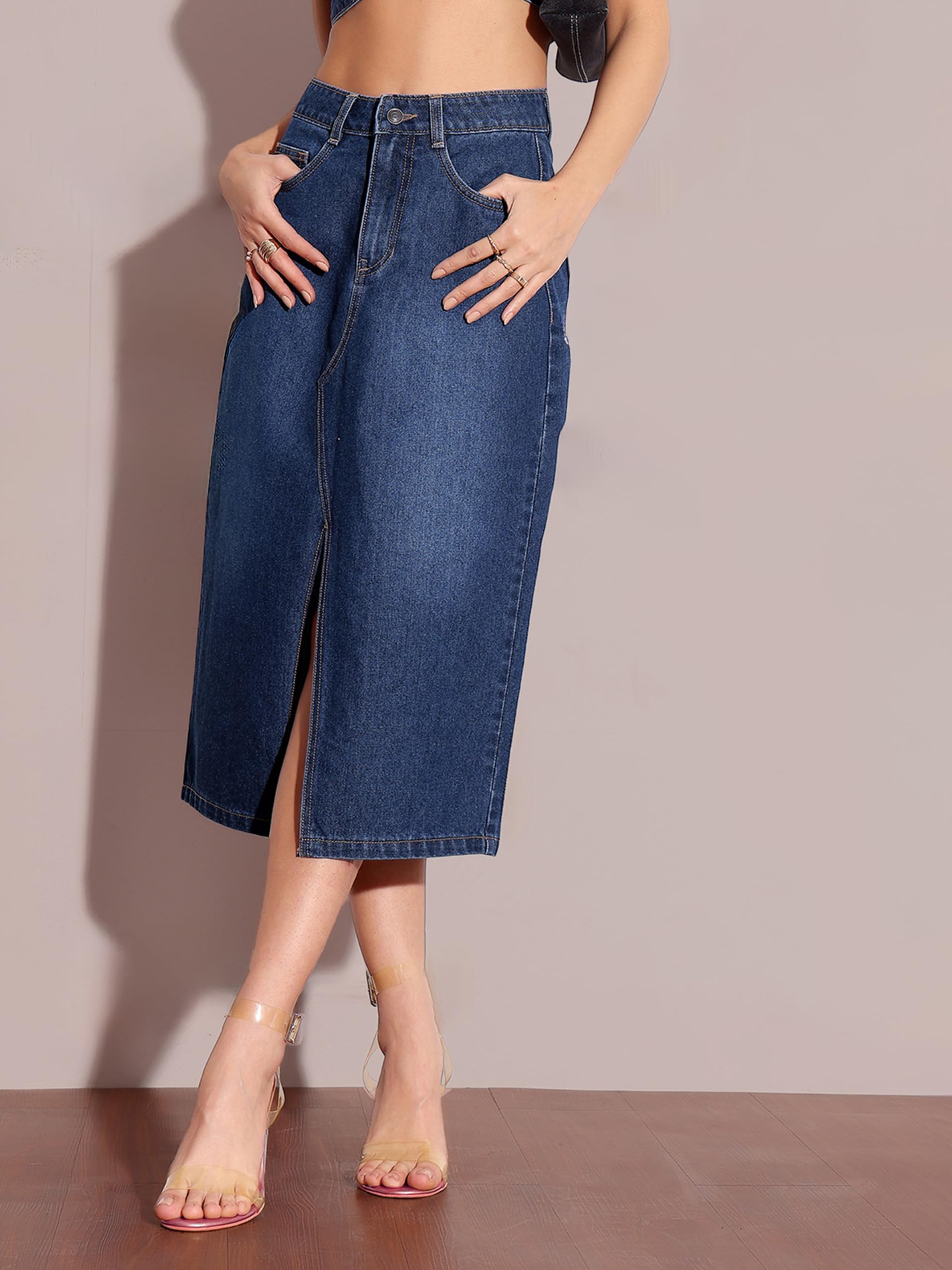 Miss Chase Gonna midi da donna in denim non elasticizzato a vita alta