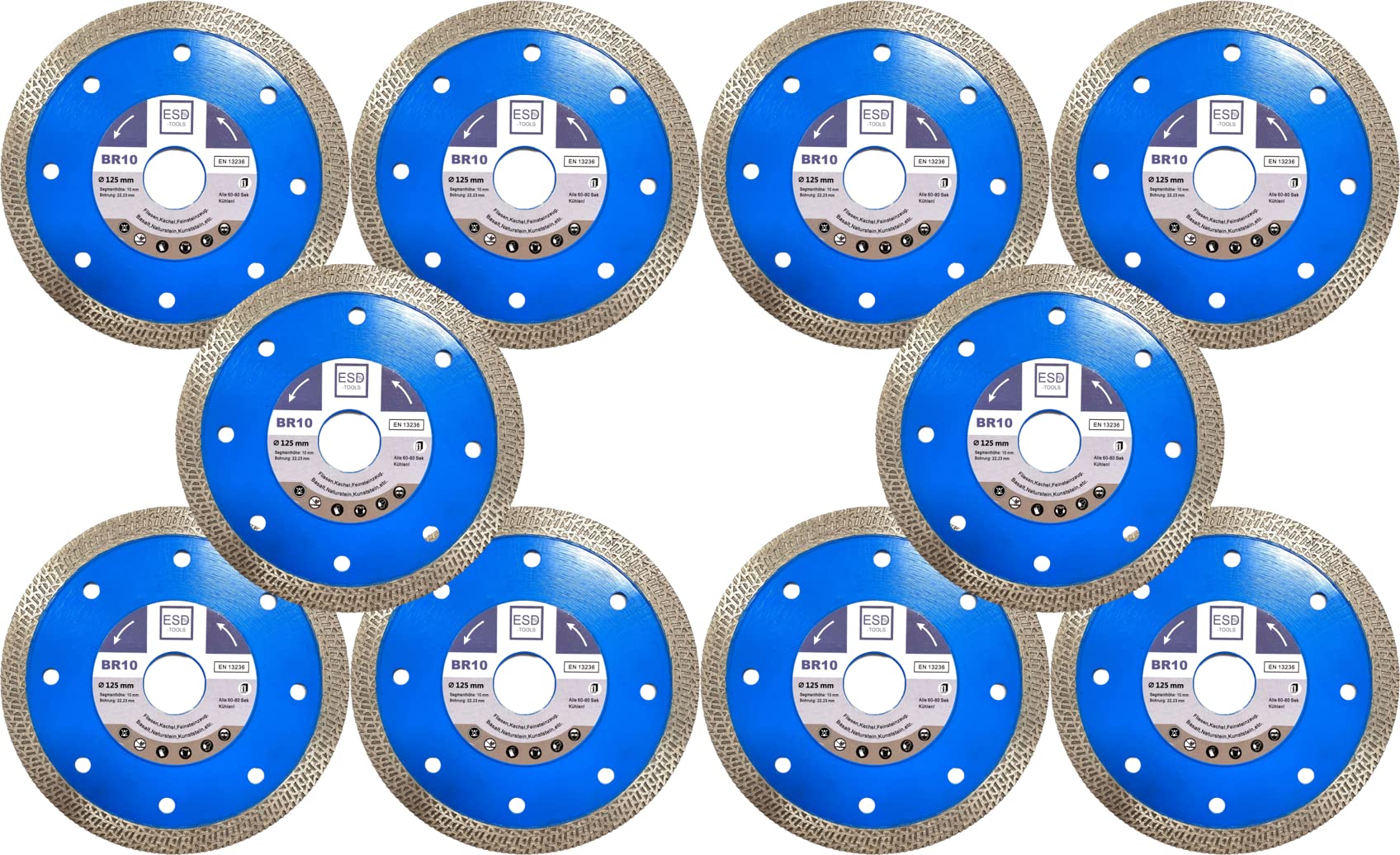 10 x de diamante BR10 baldosas con núcleo reforzado Diámetro 125/22,23 orificio/altura del segmento 10 mm/Disco De Corte De Baldosas piedra natural