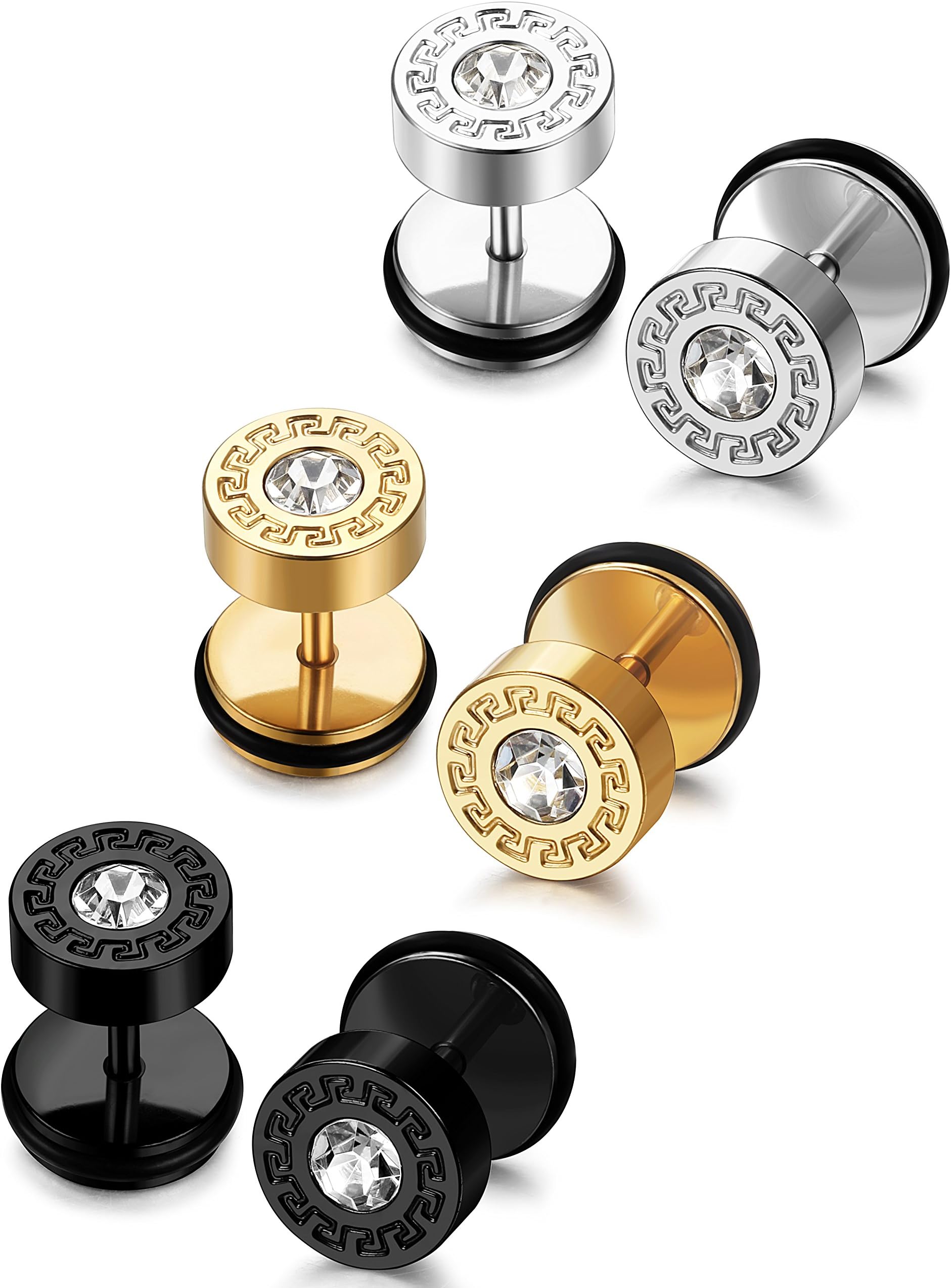 FIBO STEEL 3-4 Pairs Stainless Steel Mens Stud Earrings for Men Women Ear Piercing Plugs Tunnel
