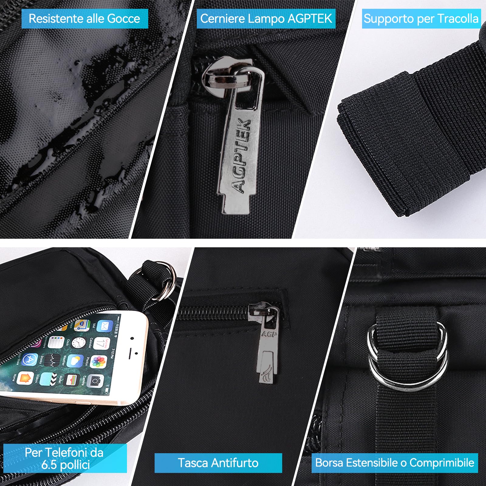 AGPTEK Marsupio Sportivo Uomo Donna 5 Tasche Lavoro Grande RFID Portasoldi Cintura Regolabile Corsa Campeggio Viaggio