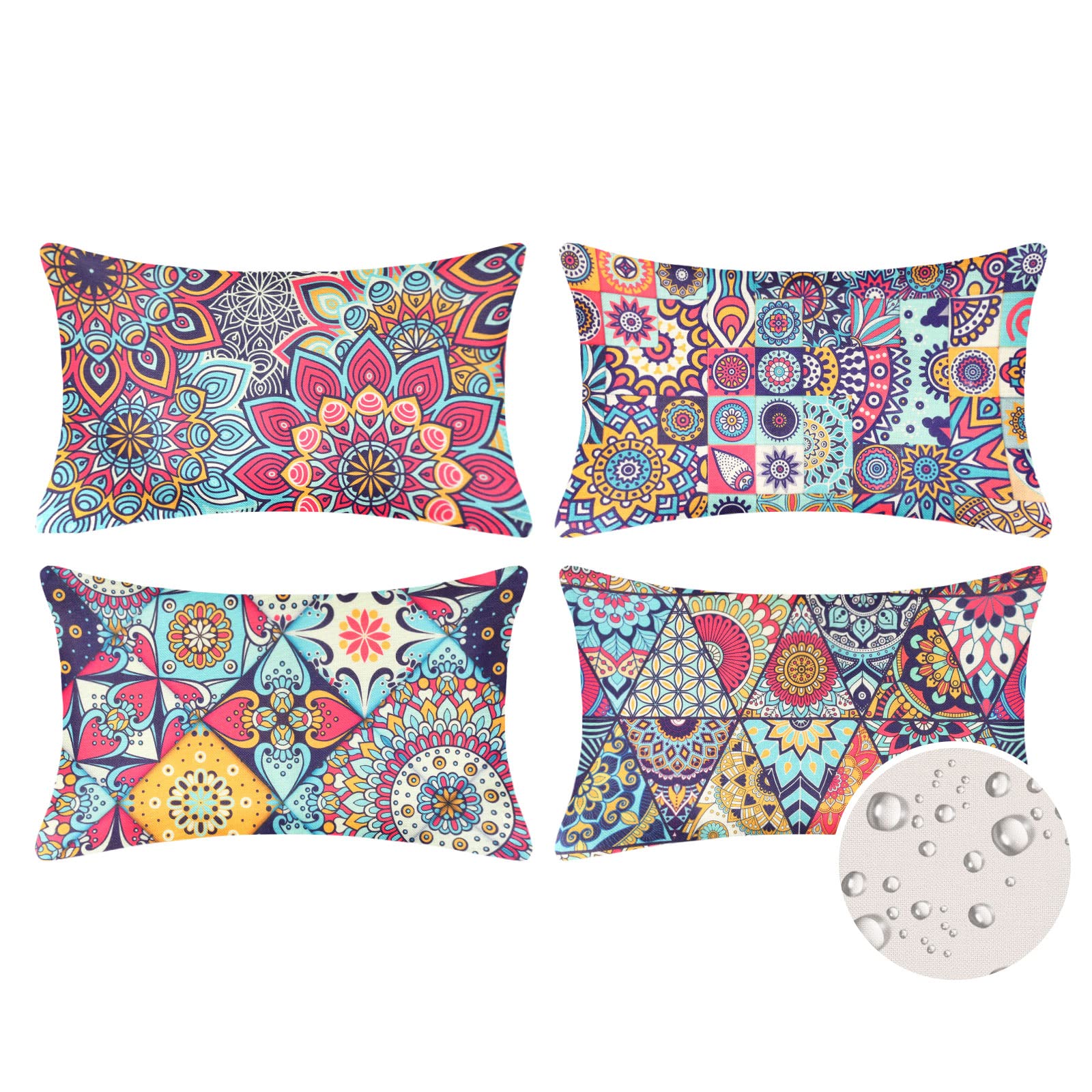 Velvhom Blue Boho Cushion Covers Outdoor Waterproof Linen Pillowcases Set Of 4 Mandala Throw Pillow Covers 30Cm X 50Cm Hippie Decorative Oblong Lumbar Pillow Cases For Livingroom Sofa Bed,12X20 Inch
