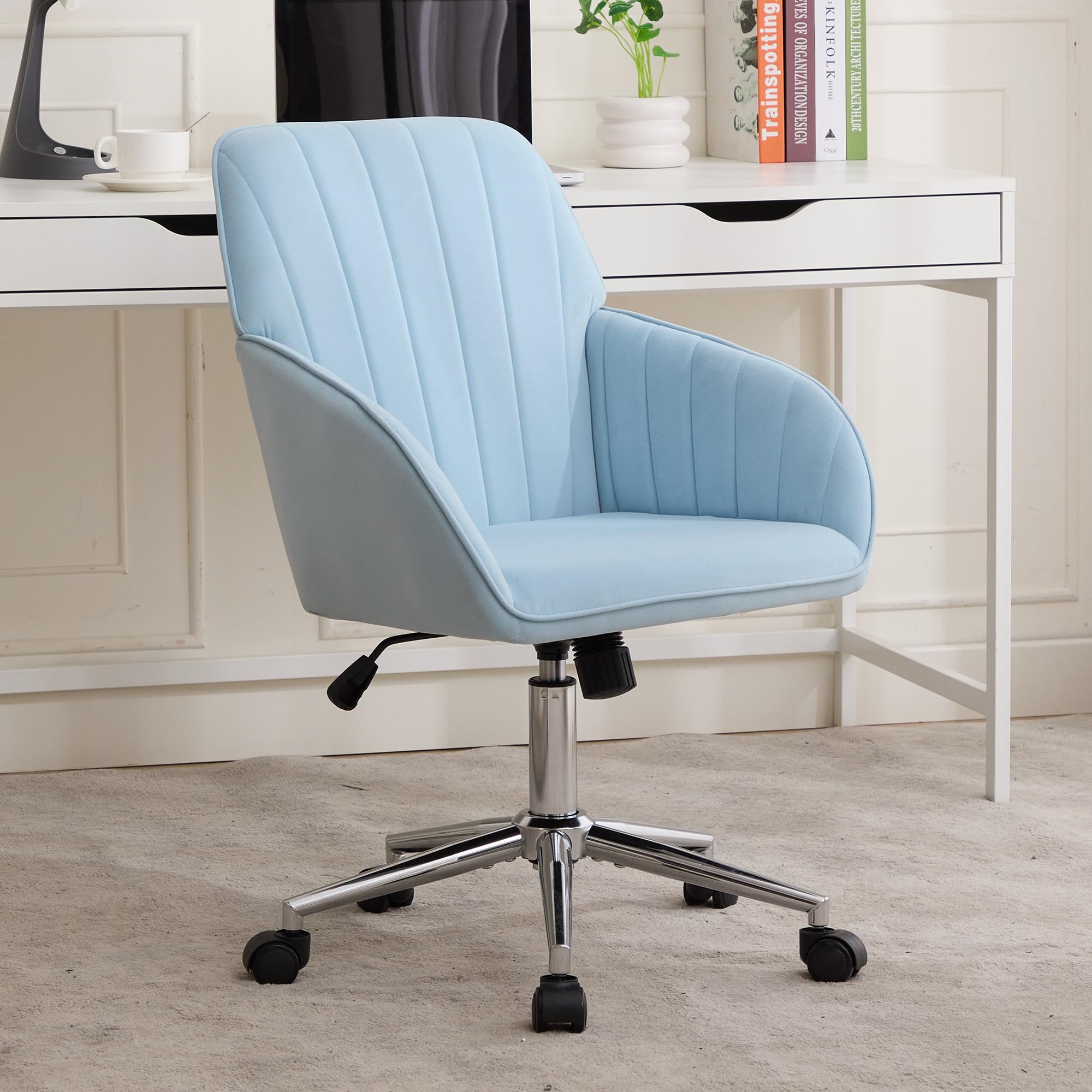 Office Chair Adjustable Ergonomic Swivel Chair Velvet Memory Foam Lumbar Support Armrests Sturdy Silver Base Baby Blue for Home Office Bedroom 38in H 24.6in W 22.8in D