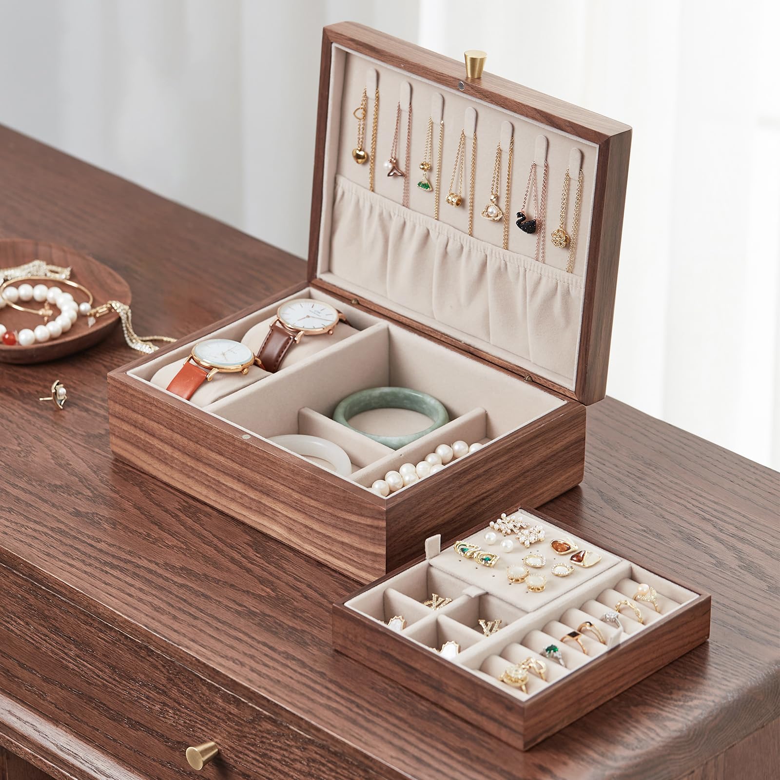 Homruilink Portagioie in legno di noce nero per donne, organizer per gioielli a 2 strati con vassoio rimovibile per orologi, anelli, orecchini, collane, bracciali, regali di compleanno e Natale