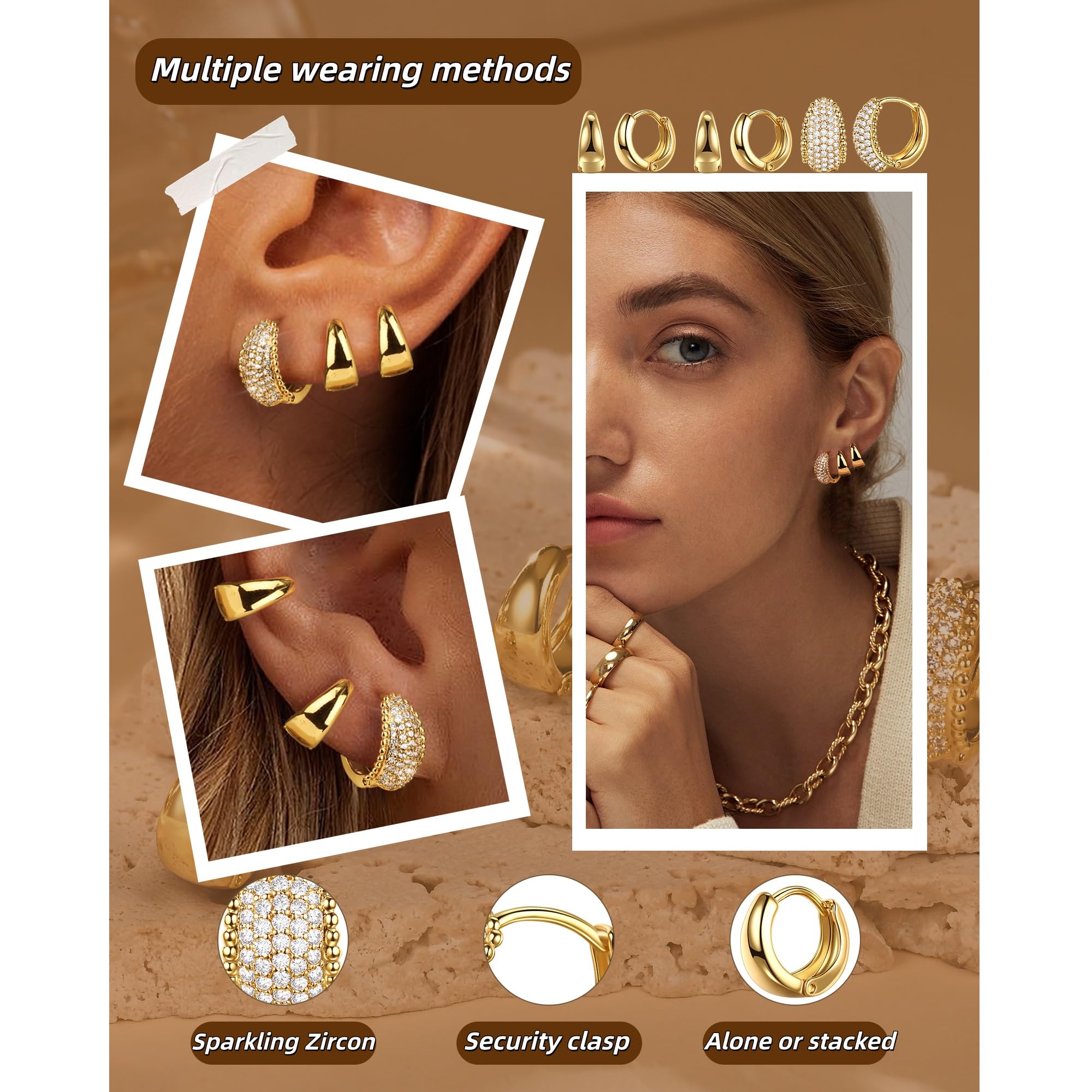 3-teiliges goldfarbenes Creolen-Ohrring-Set, stapelbar, kleine Huggie-Creolen und Ohrstecker, klobige Goldohrringe, hypoallergen, anlaufgeschützt, zierliches Schmuck-Geschenk-Set für Frauen