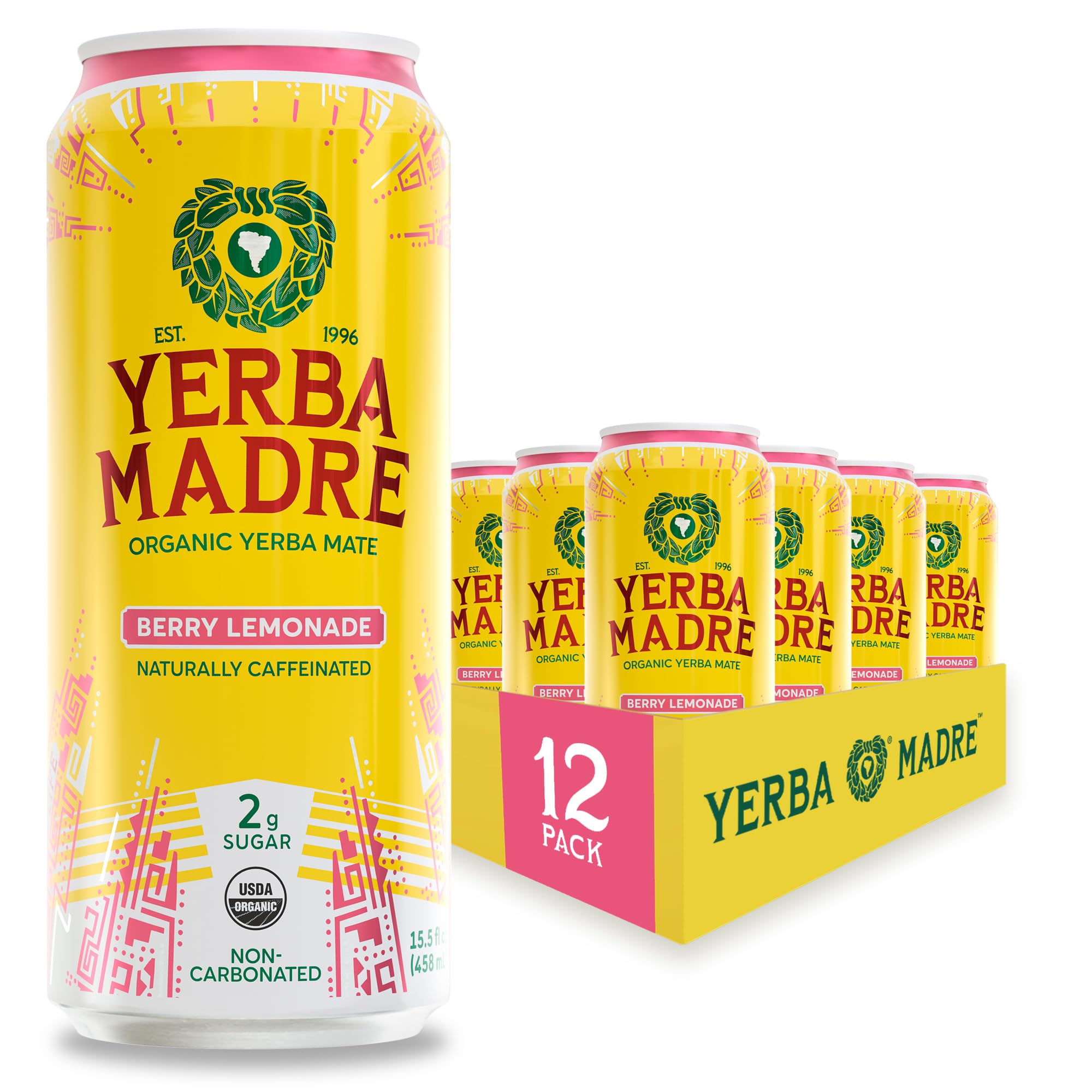Yerba Madre Organic Yerba Mate, Low Sugar Berry Lemonade, 150mg Natural Caffeine, Energy Drink Alternative, No Jitters or Crash, 15.5 Oz (Pack of 12)