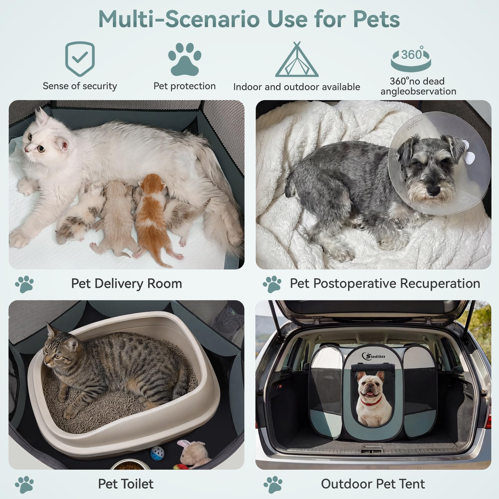 Siedihit - Recinto pieghevole grande per cani, gatti, conigli e cuccioli, per interni ed esterni, portatile, con custodia per il trasporto, parte superiore rimovibile con cerniera, M, grigio