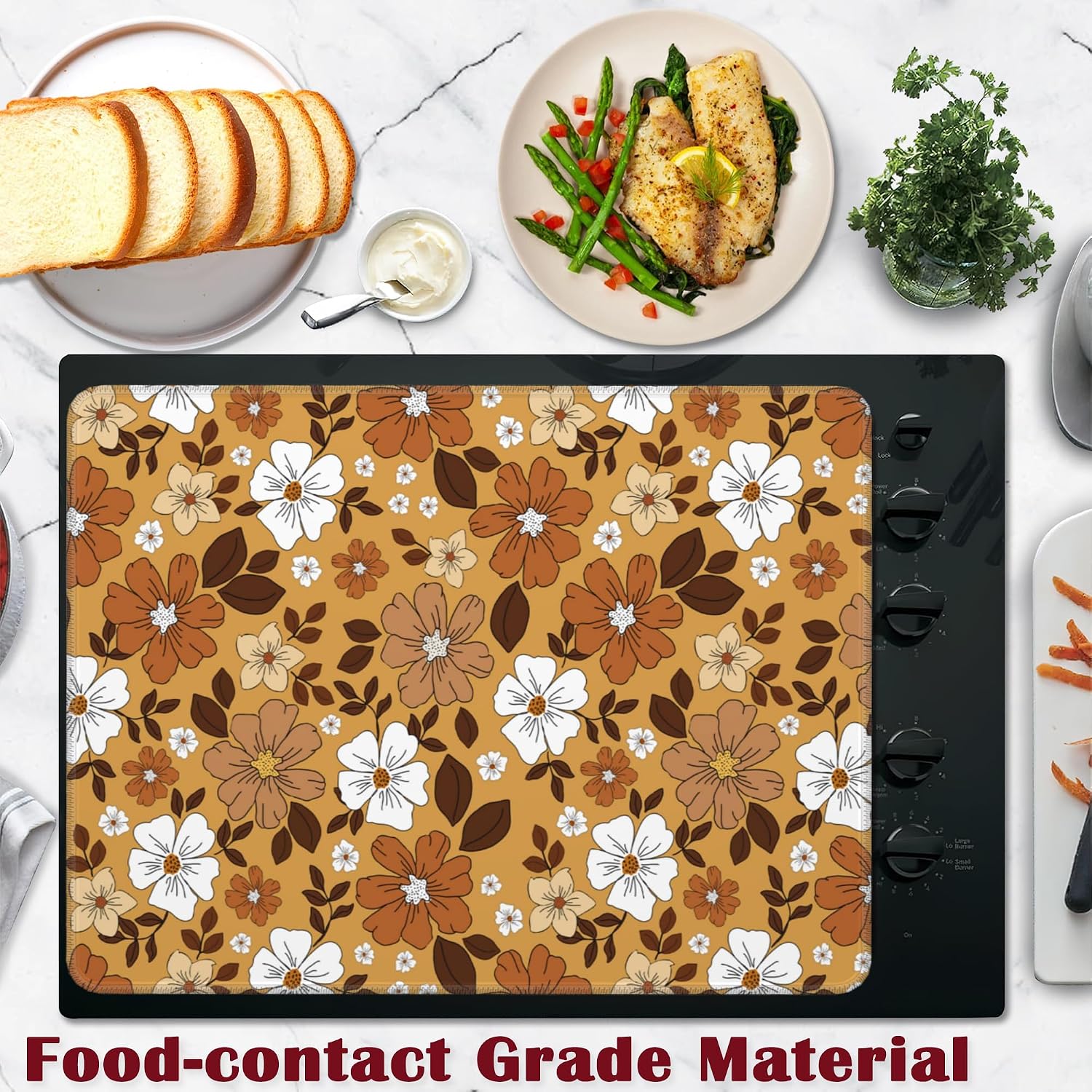 Vintage Floral Electric Stove Top Cover Protector,White Brown Flowers Glass Flat Top Stove Mat,Heat-Resistant Oven Induction Cooktop Mat for Ceramic Countertop Mats Dish Drying Mat