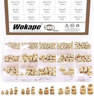 Wokape 300Pcs Brass Nuts Embedment Nut Assortment Kit, Thread Brass Knurled Nuts Threaded Heat Set Insert Nuts Hydraulic Welded Joint Injection Molding for 3D Printing Injection Molding