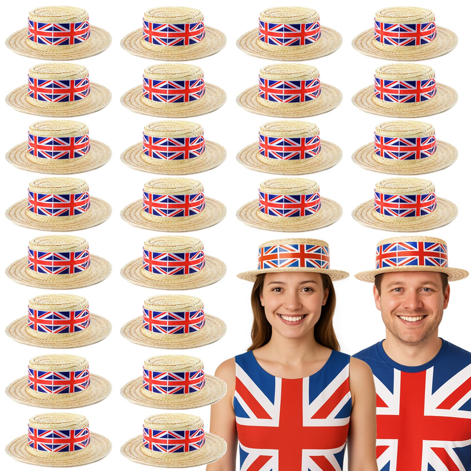 Union Jack Boater Hats - Pack of 24 - Straw Boater Hats with Union Jack Flag Band - King's Coronation, VE Day, Jubilee Events, Street Party Fancy Dress Accessory