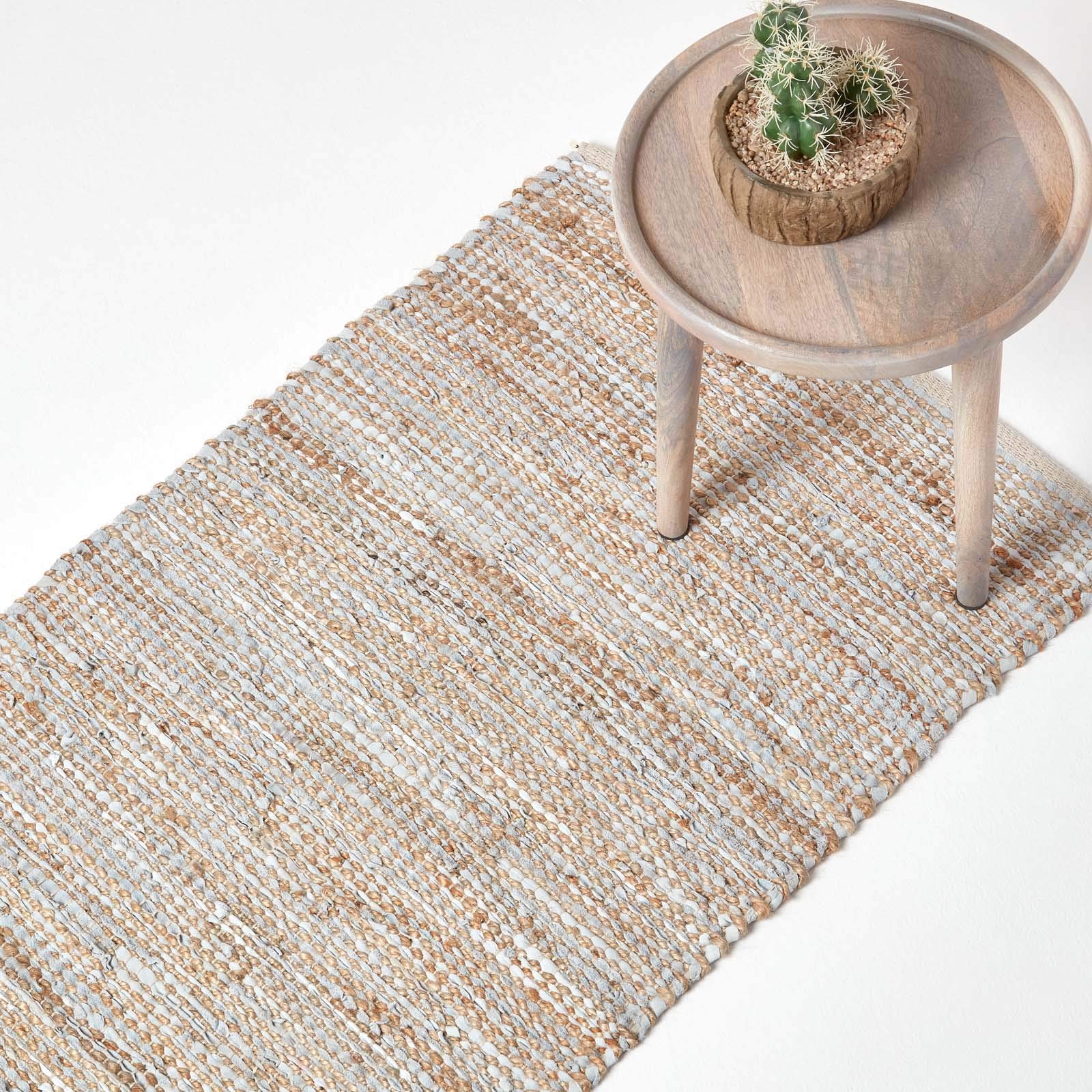 HOMESCAPES Tapis de Couloir en Cuir et Chanvre Madras Naturel, 66x200 cm