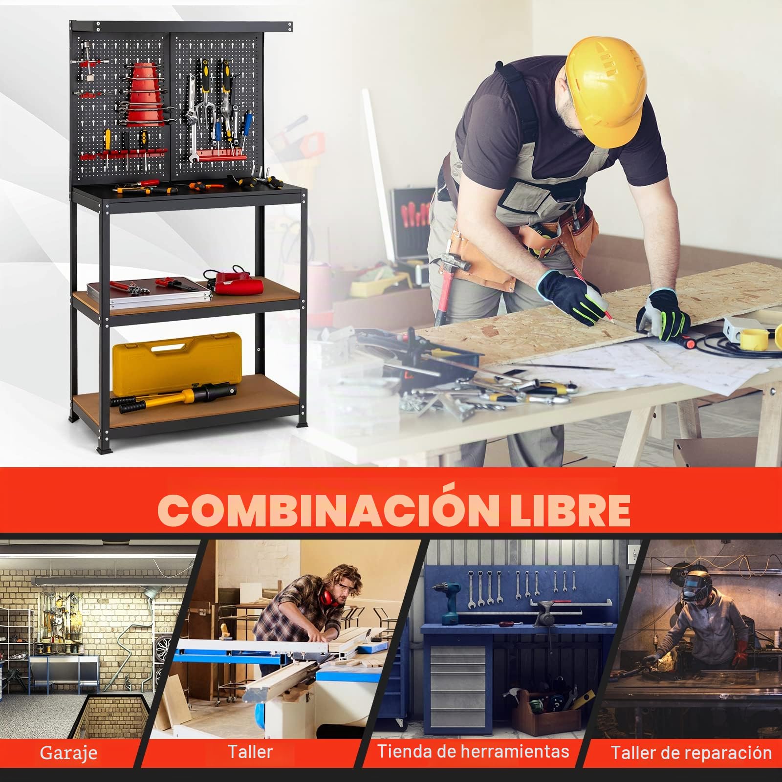 GOPLUS Banco de Trabajo Taller, Carga 100 kg, 810 x 410 x1555 mm, Mesa de Herramientas Carga con Tablero Perforado Metal, Estante Abierto, 14 Accesorios para Colgar (Negro+ Rojo Panel)