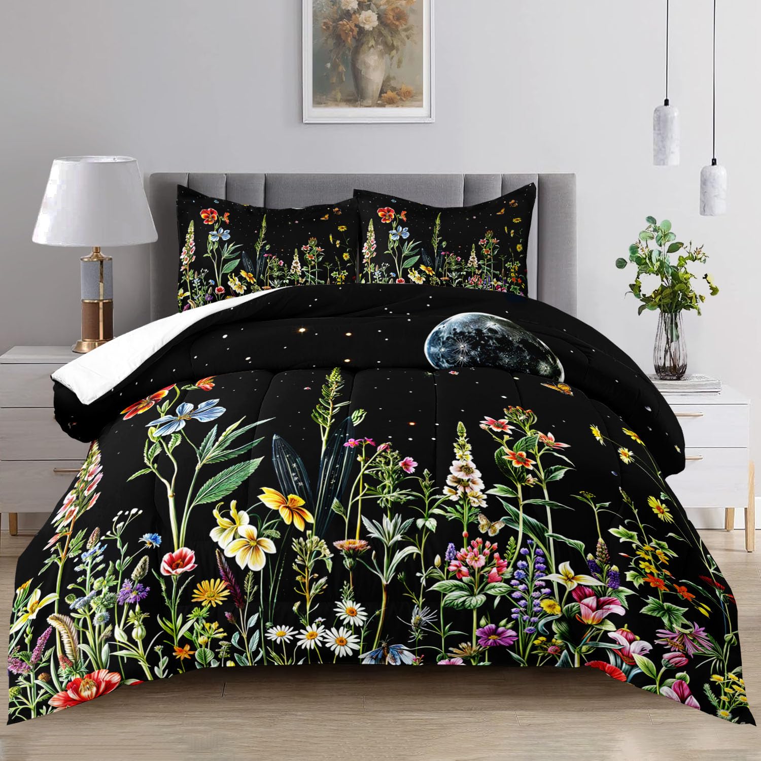 Raphus cucullatus Dark Floral Bedding Queen Comforters,Black and Pink Floral Comforter Queen Boho Goth,Floral Bed Botanical Bedding Pretty Comforter Queen,Cute Kawaii Bedding Comforter