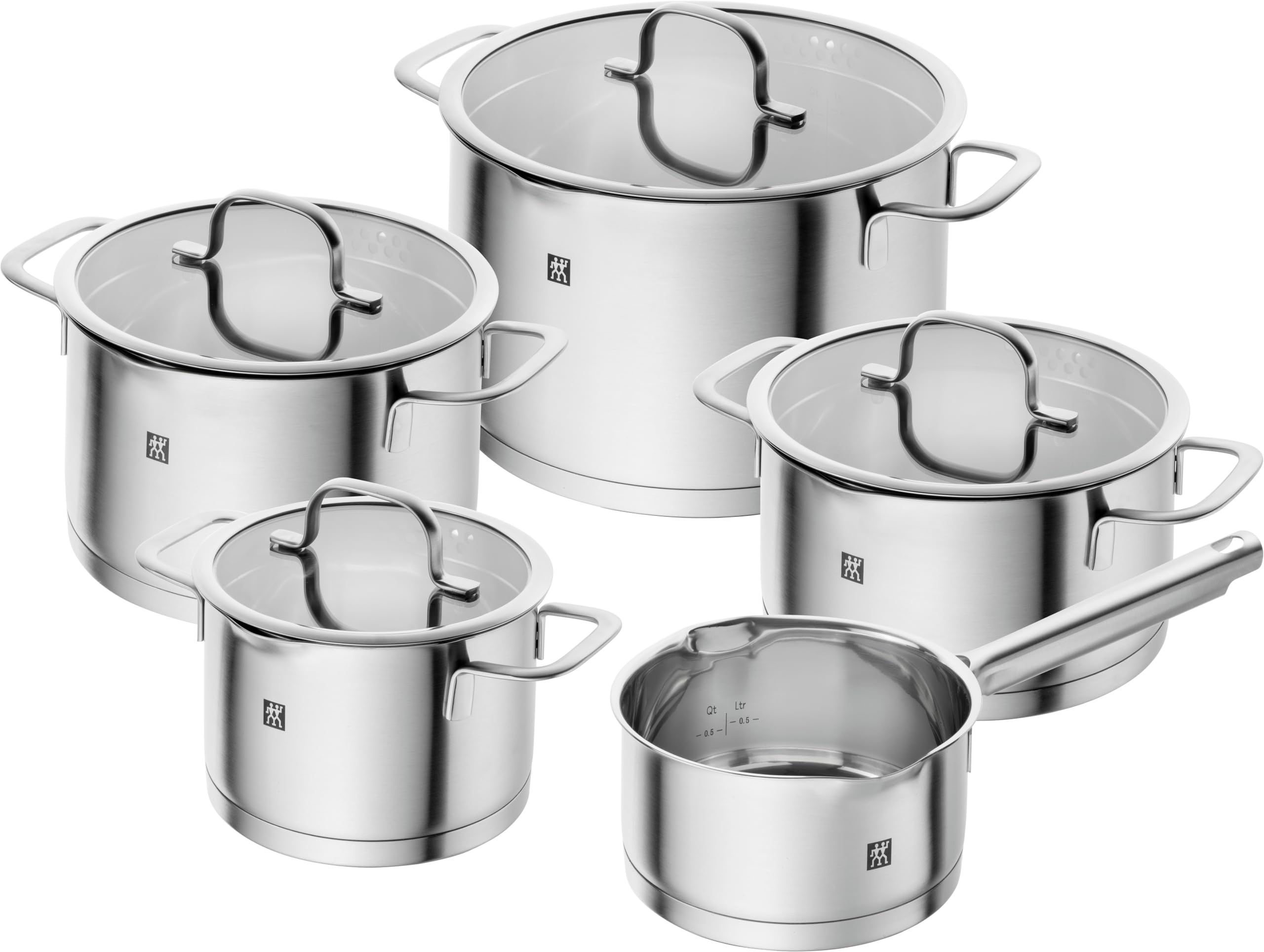 ZWILLING TrueFlow Cookware Set, 5-Piece, with Pouring Function, Induction-Suitable, Uncoated, Stainless Steel, Silver