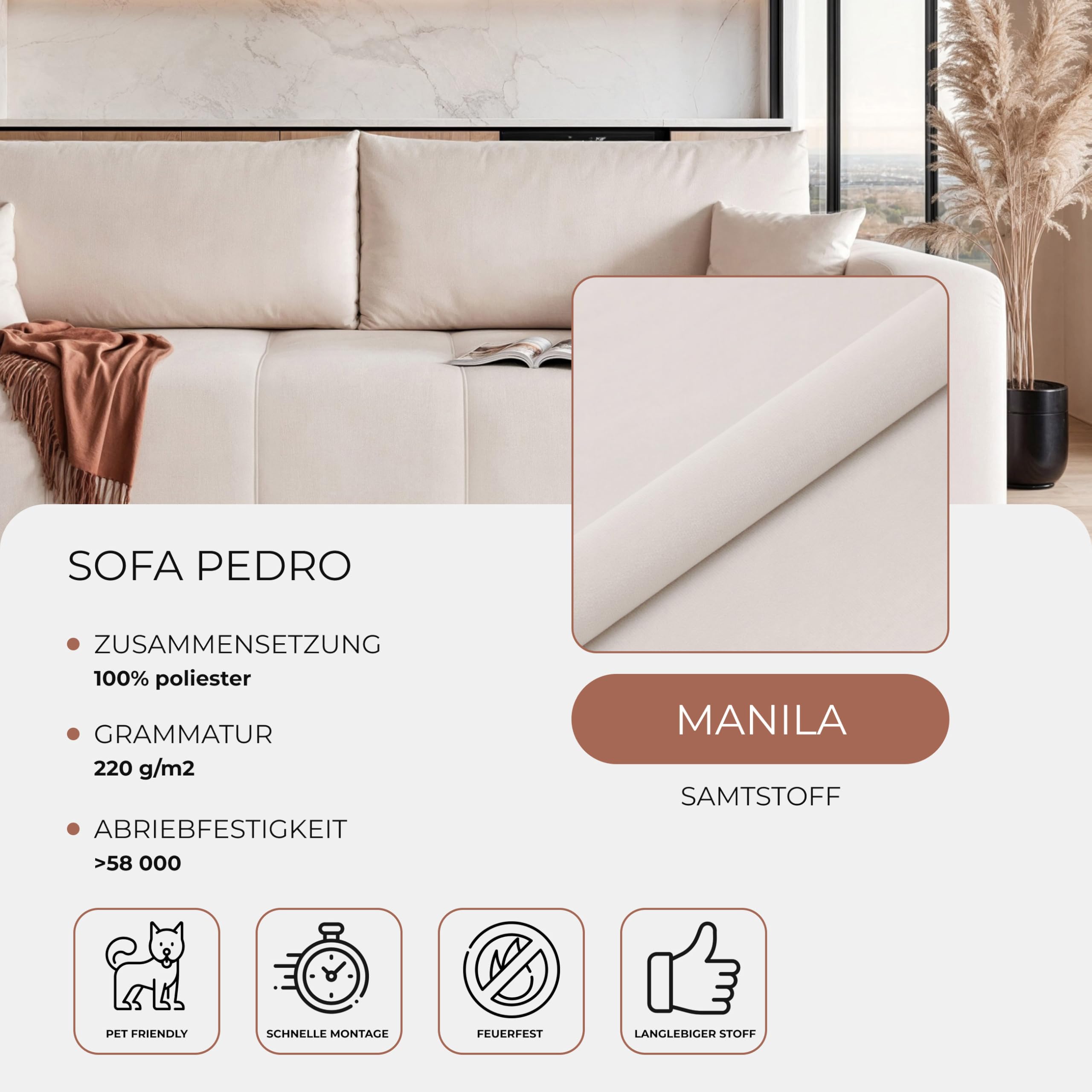 93x244 Sofa mit Schlaffunktion (125x200) und Bettkasten (Massivholz + MDF) mit dekorativen Nähten auf der Sitzfläche