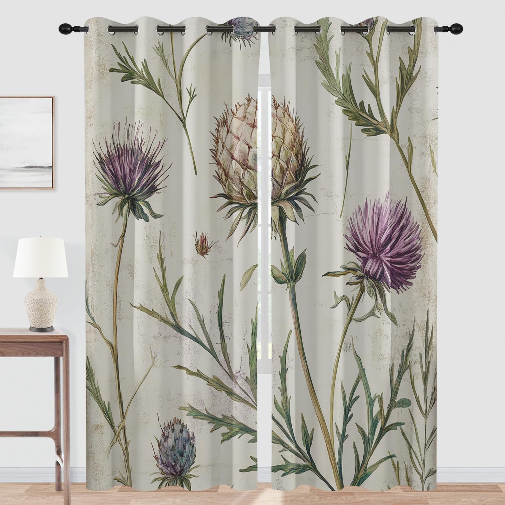 Xvbvs Light/Dark Blackout Curtains Thistle Flower Curtains - Eyelet Drapes 2 Panels, Plant Flower Botanical Blackout Curtains 84 Inch Drop, Room Darkening Window Curtain, 52 X 84 Inch