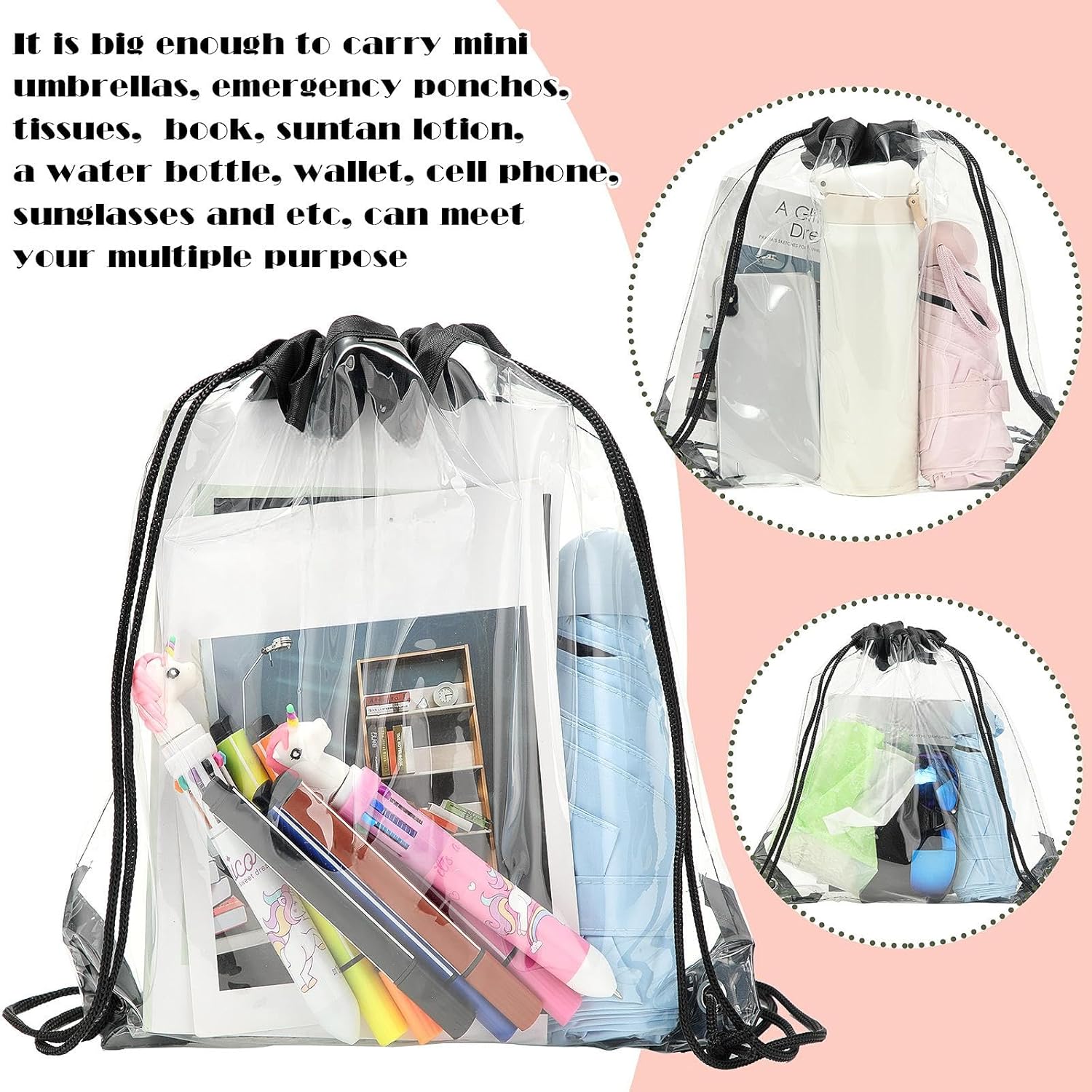 Shappy 30 Pcs Clear Drawstring Backpack, Plastic Waterproof Transparent Stadium Bags String Bag for Gym Travel (Black)