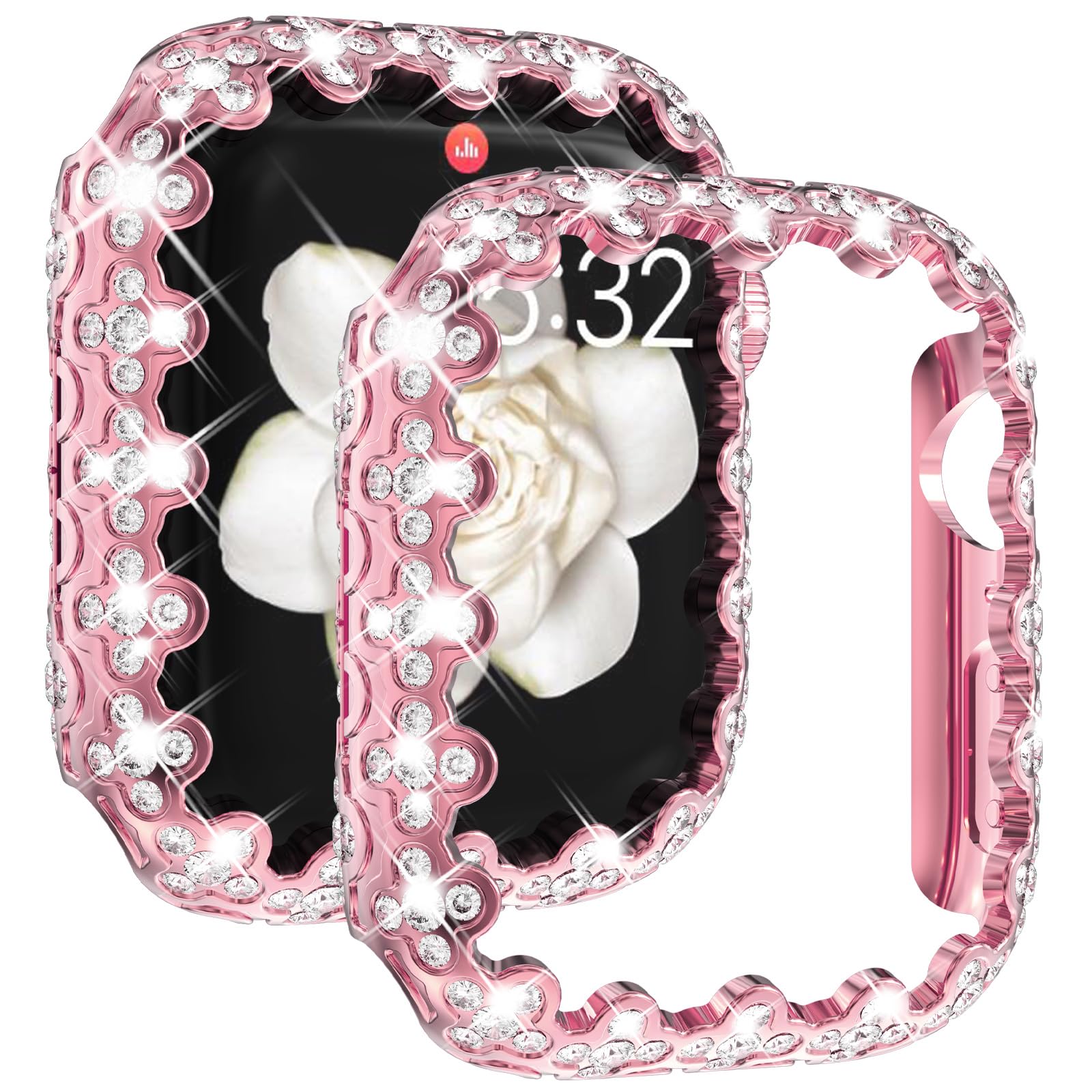 KADES Four-Leaf Clover Bling Bumper Case Women Compatible with Apple Watch Series 10 46mm, Full Diamond Protective Cover PC Frame Protector Accessories for iWatch Series 10, Pink