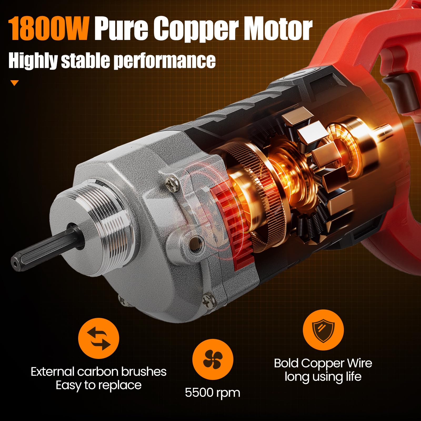 Anbull Vibratore per Calcestruzzo 4 m, 1800 W Vibratore per Cemento, 5500 rpm, Ampiezza: 0,9 mm, Concrete Vibrator, Rosso e nero