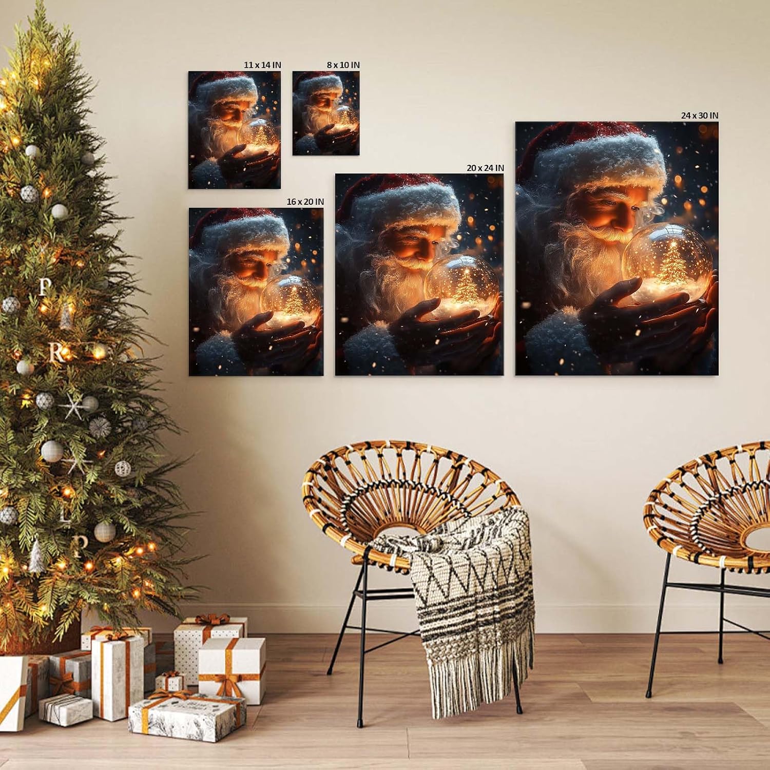 B.B.F MAKE Christmas Canvas Framed Wall Art for Living Room Decor Classical Oil Painting Santa Claus & Crystal Ball Canva Poster Prints Wall Decoration Home Office Bedroom Bathroom Decor, 16x20inch
