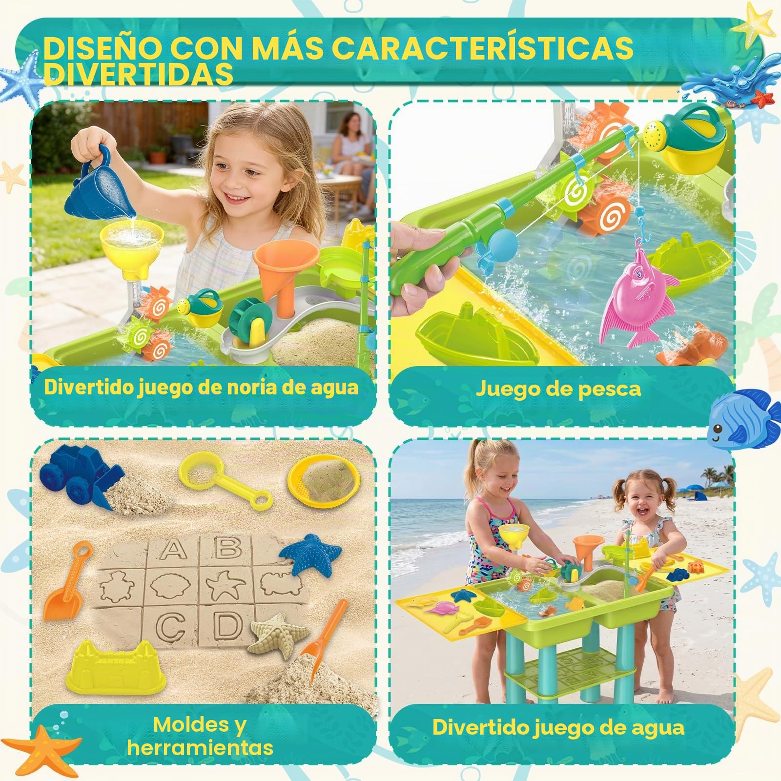 deAO Mesa de Agua y Arena 3 en 1 para Niños - Juegos Mesa Sensorial Infantil con Palas, Rastrillo, Regadera y Caña de Pescar - Juegos al Aire Libre, Jardín- Regalo para Niños de 3+ Años (Verde)