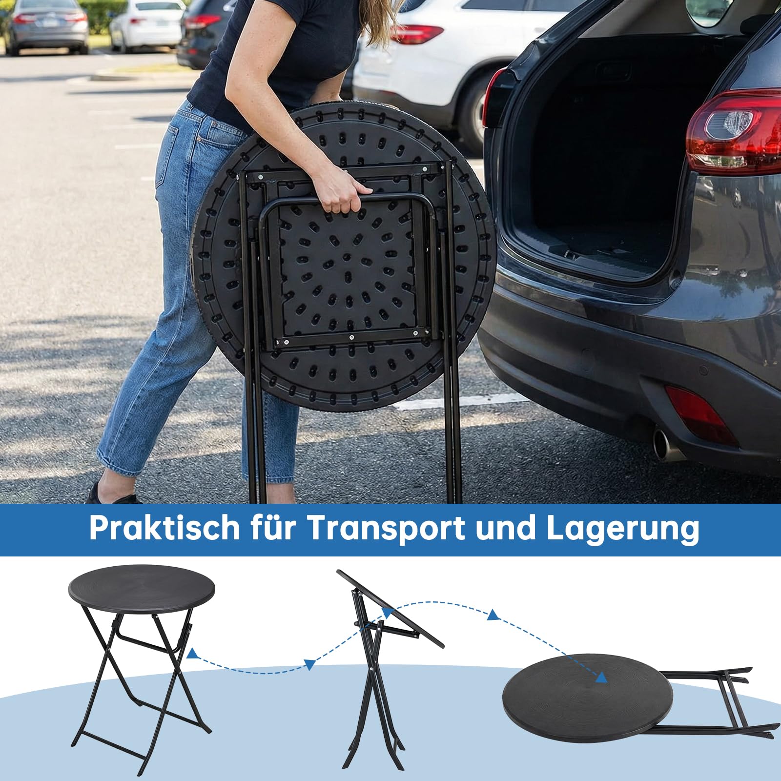 LIFERUN Gartentisch Rund Holz-Optik, Klapptisch, Beistelltisch HxD: 72x60 cm, Balkontisch mit 4PCS Tischbeine, Campingtisch Wetterfest, Pflegeleicht, Hohe Stabilität, für Balkon, Garten & Terrasse