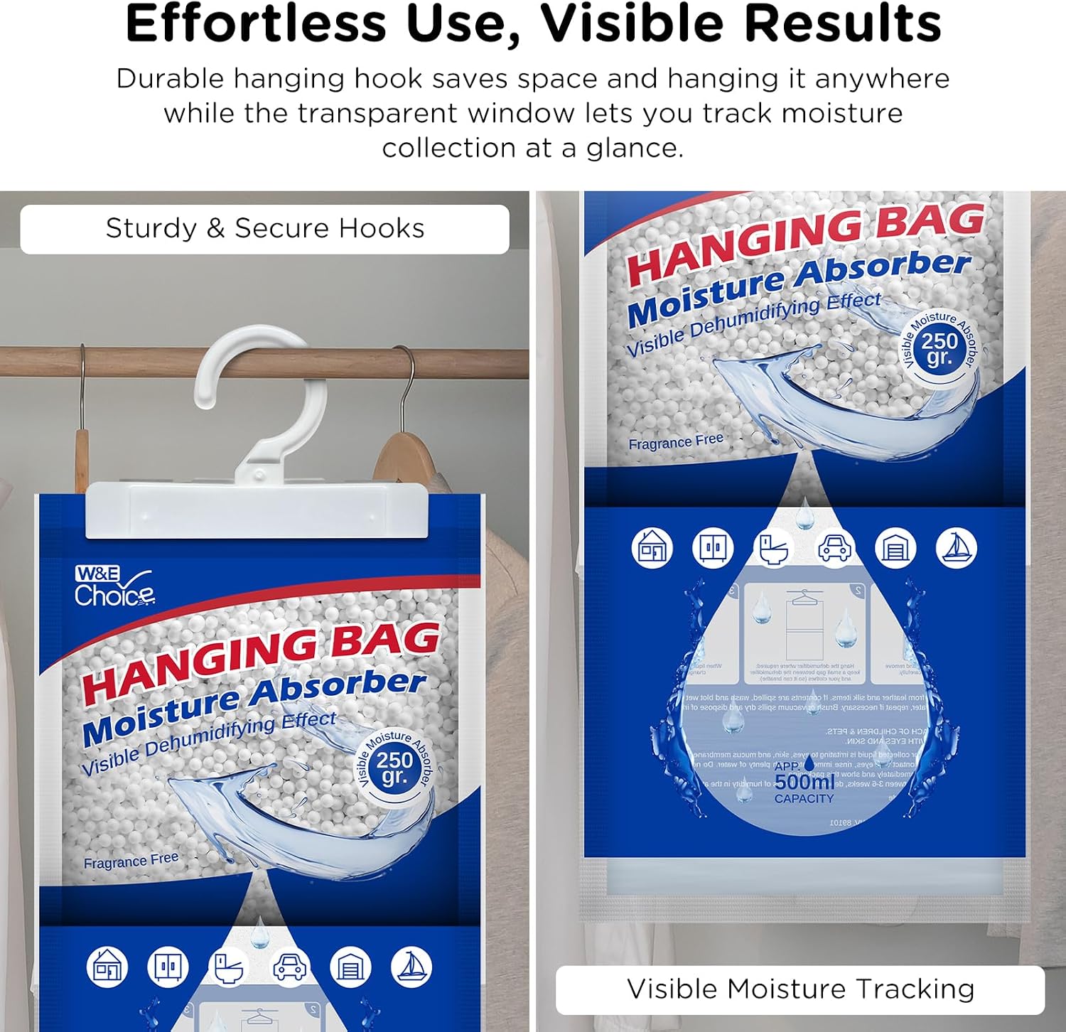 W&E Choice Moisture Absorbers Hanging Bag for Your Closet, Dehumidifier Bags for Bathroom, Fragrance Free Humidity Absorber for Car and RV, 10 Pack