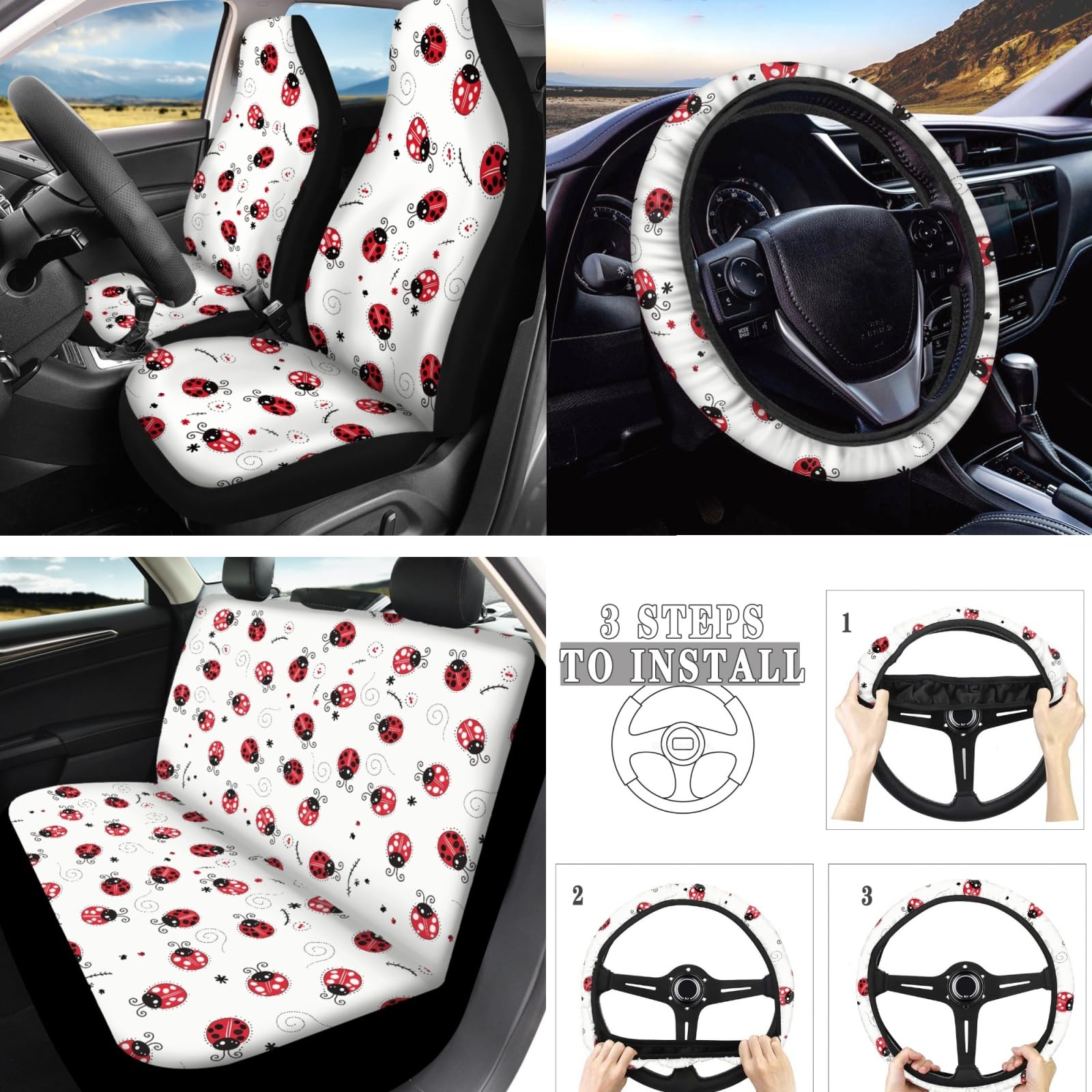 Semiouray Cute Ladybug Spiral Dot 10pcs Car Accessories Set, Red Ladybug Print Car Seat Covers Full Set for Women, Bucket Seat Protectors for Car,SUV&Truck, White