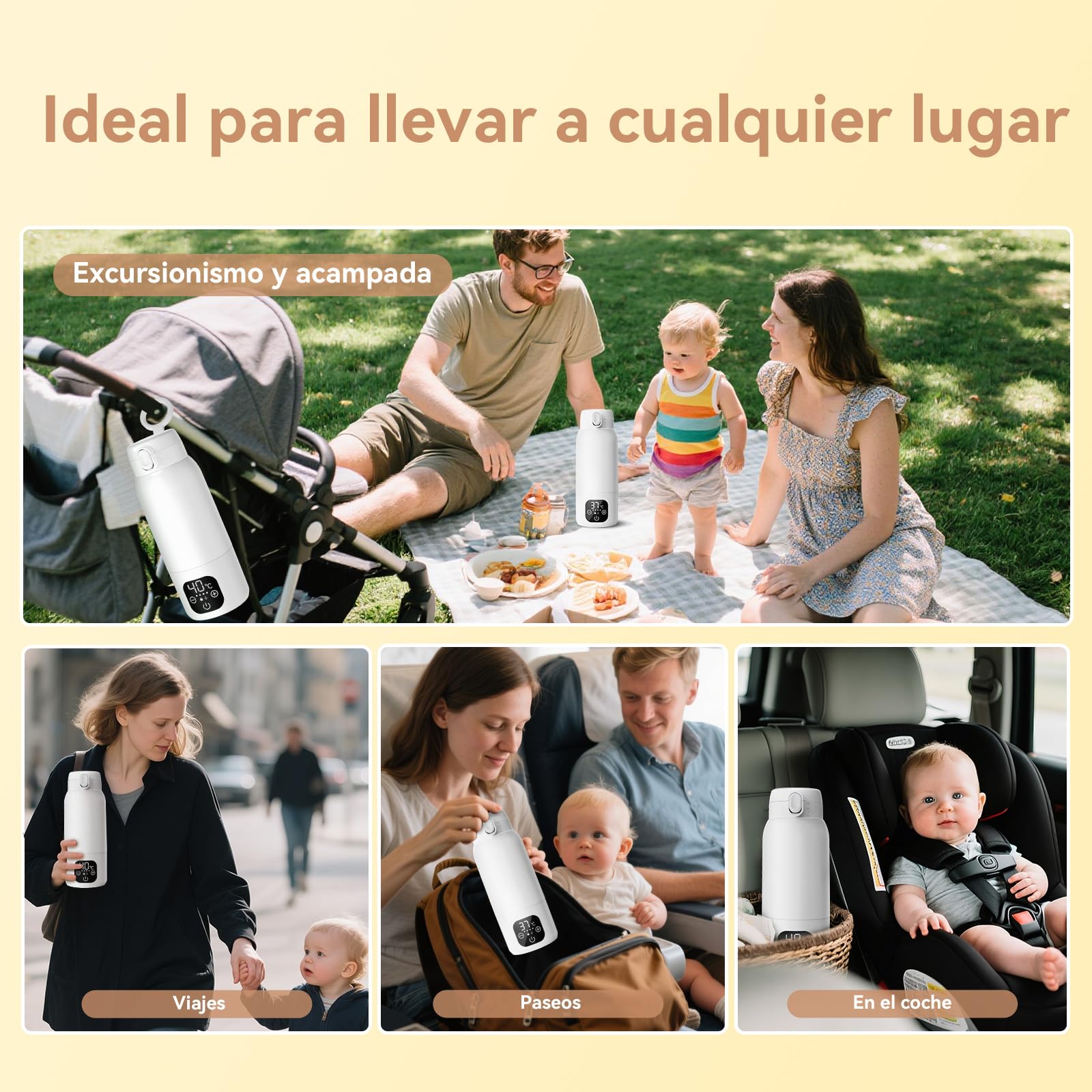 Calentador portátil de biberón para bebé – 500 ml de acero inoxidable 316L, calentamiento rápido 3 min y pasteurisación, 24 h de temperatura dual (± 1 ℃) para leche materna/pre-comida/agua
