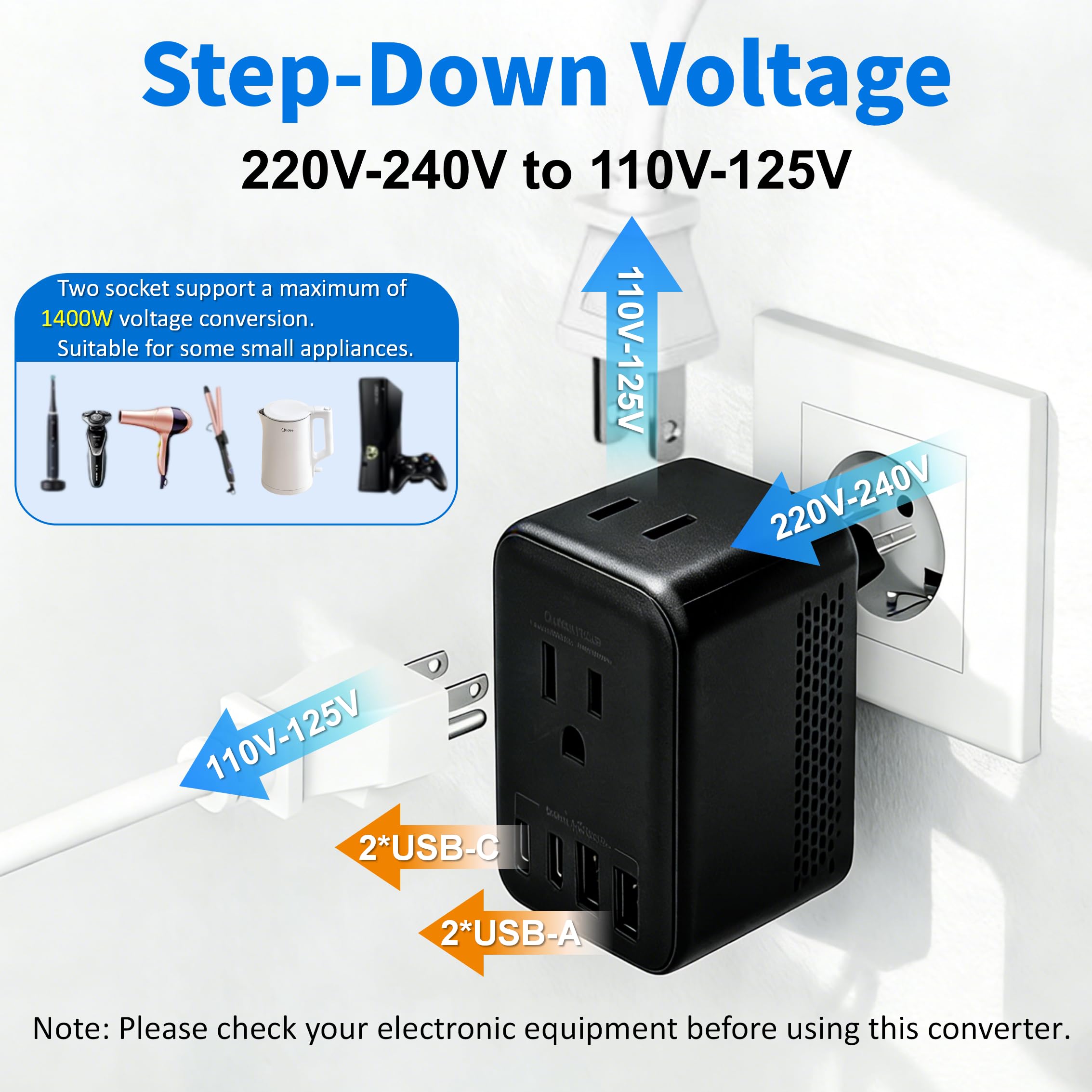 220v to 110v Converter Travel Voltage Converter European Travel Plug Adapter with USB Charging Ports Type C Travel Essentials AC Outlet Plugs for UK US EU AU South Africa for Hair Dryer (Black) - 4