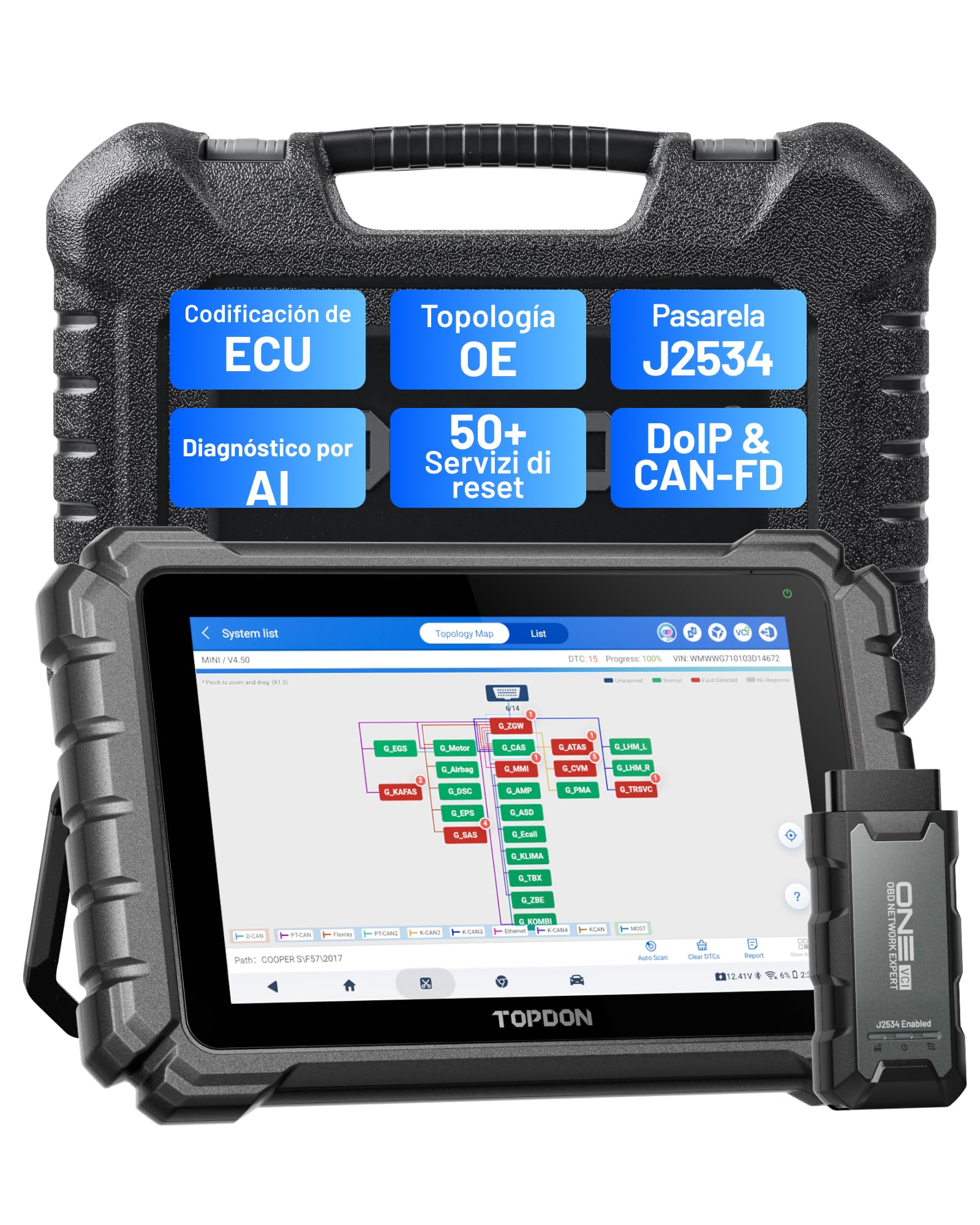 TOPDON ONE 10.1" Strumento Diagnostico OBD2 Bidirezionale, J2534 Pass-Thru, Codifica ECU e Oltre 50 Servizi, Scansione Completa del Sistema con TopFix AI, Topologia OE, Accesso FCA/Renault/VAG SFD SGW
