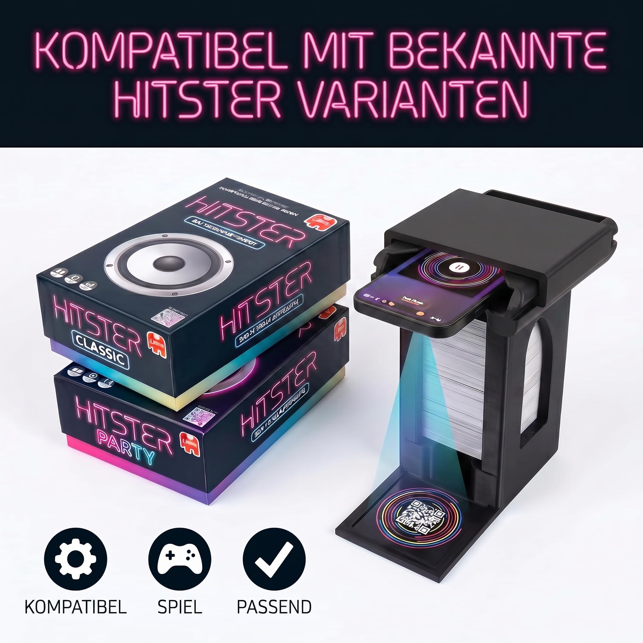 Handyhalterung Turm passend für Hitster – Smartphone Ständer mit Kartenfach – stabil & rutschfest für QR-Code Scan – Zubehör kompatibel mit Hitster Original & Party