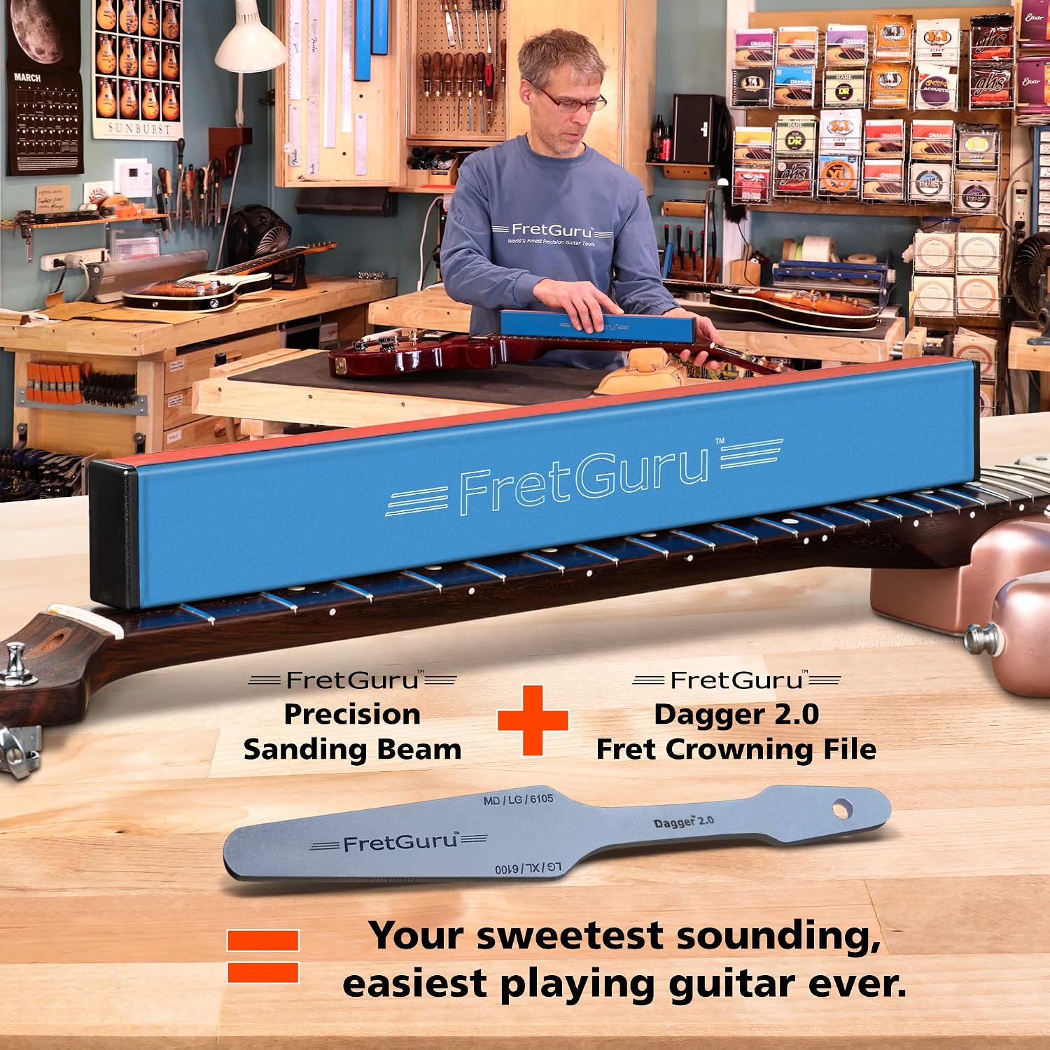 FretGuru Sanding Beam Fret Leveler – (10" ~ 250mm) Professional guitar luthier leveling file includes 100, 240, 320 Grit Peel and Stick Sandpaper and naphtha based adhesive remover wipes