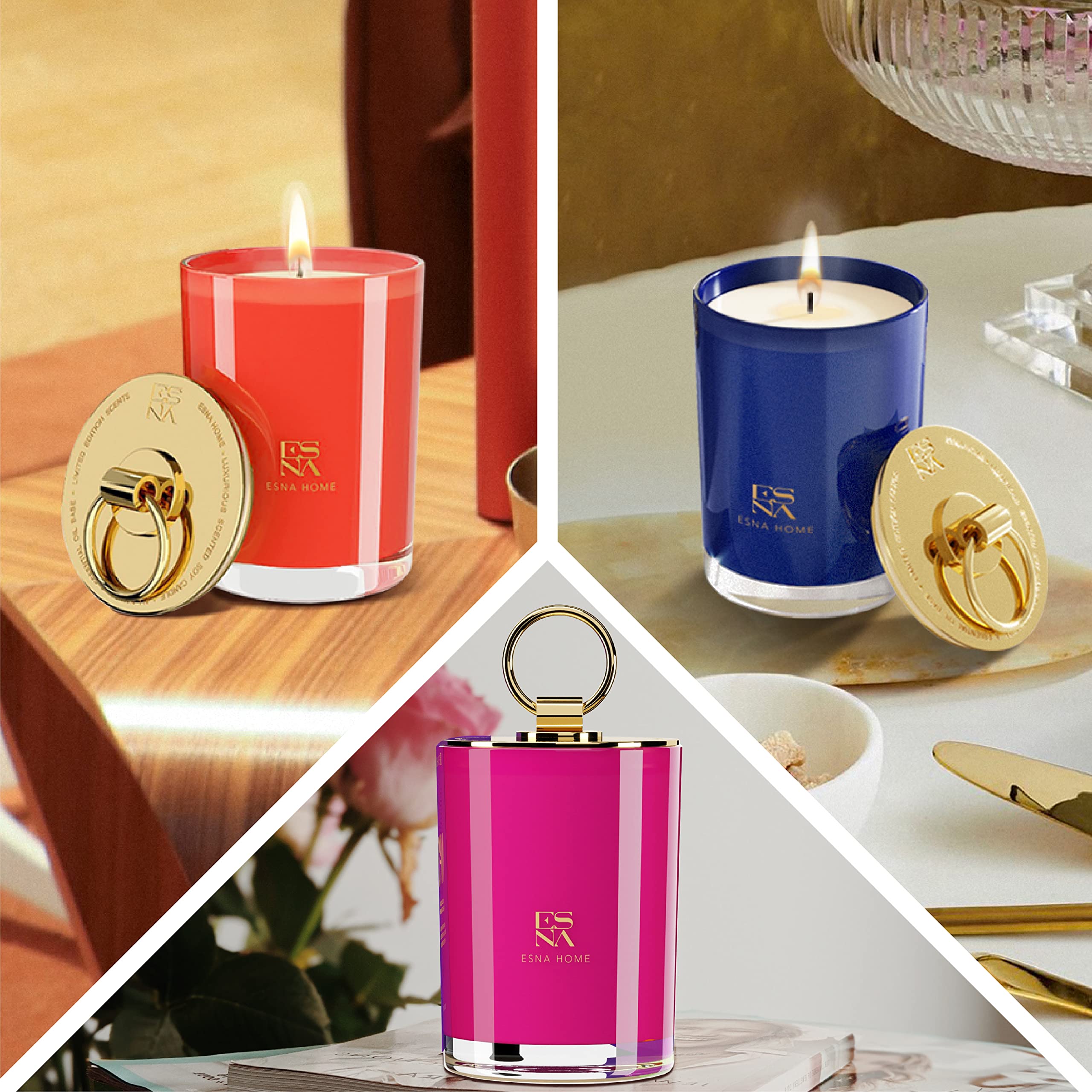 ESNA HOME Luxury Trio - Juego de regalo de temporada, 3 velas aromáticas de soja natural de tamaño completo, 150 horas de combustión limpia, regalos de inauguración de la casa para mujeres
