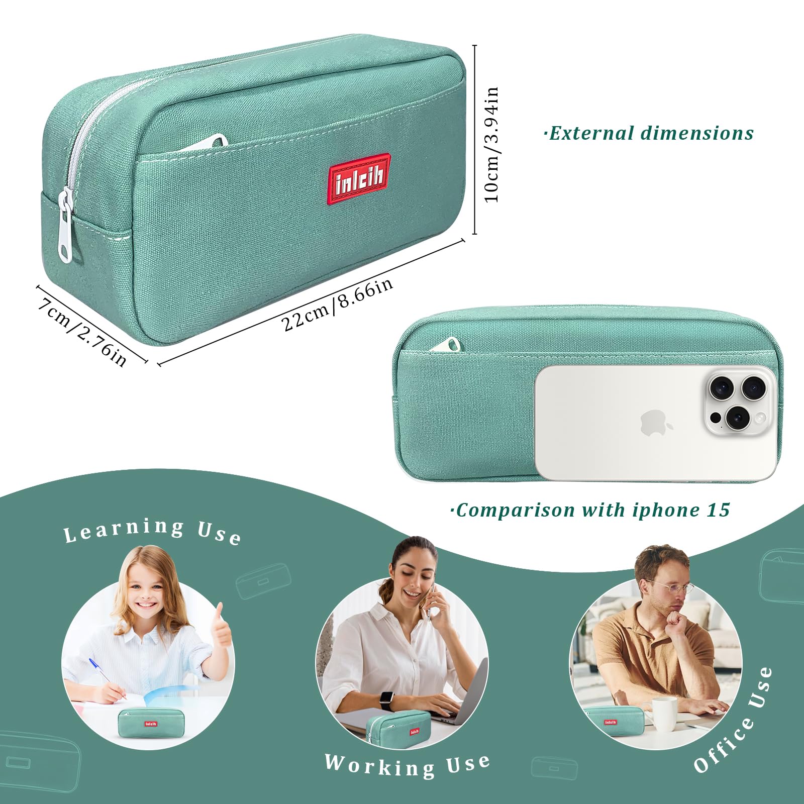 inlcih Pencil Case Large Capacity pencil pouch cute pencil case stationery supplies pencil bags School Supplies for Student Teen Girs Boys (green)