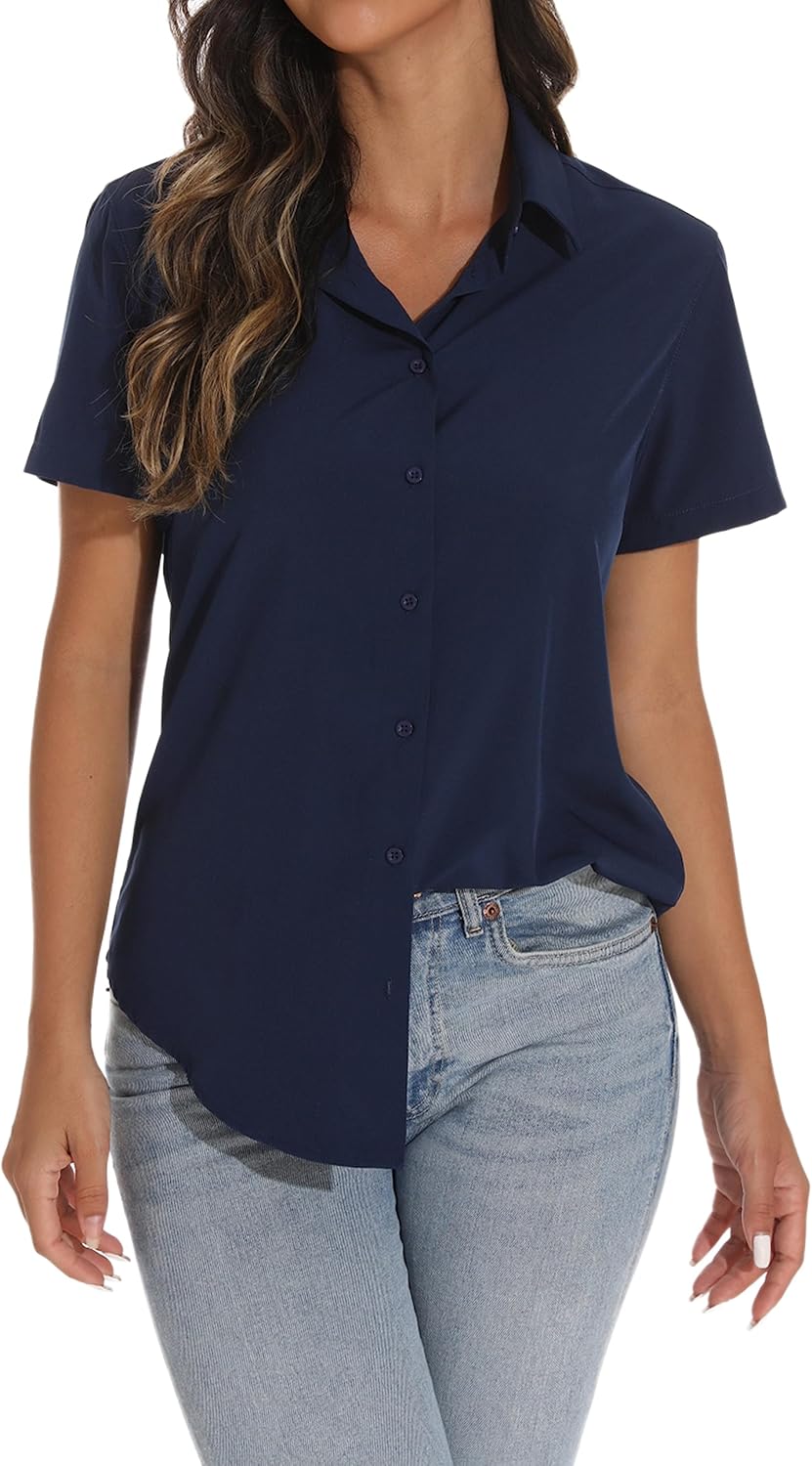 GUANYY Short Sleeve Button Down Shirt Dressy Shirts Casual Work Shirts V Neck Blouses Solid Color - Image 2