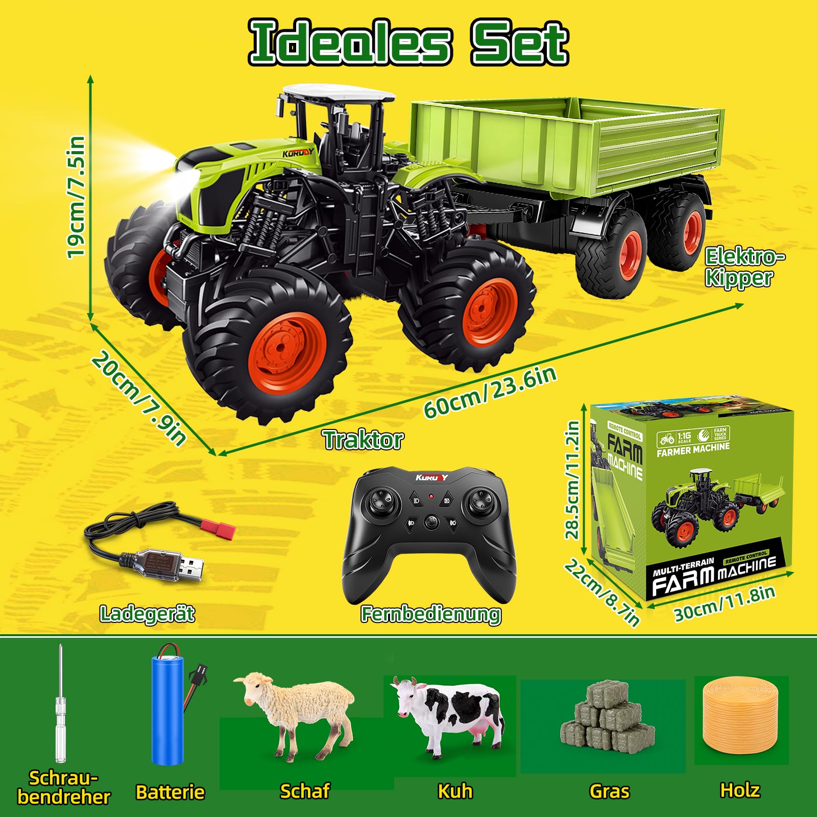 Ulikey Groß Ferngesteuerter Traktor, 1:16 11-Kanal RC Traktor Spielzeug für Kinder, 2.4 Ghz Elektro Trecker Ferngesteuert mit Anhänger, Kuh, Heuhaufen Bauernhof Spielzeug ab 4 5 6 7 8 9 Jahre