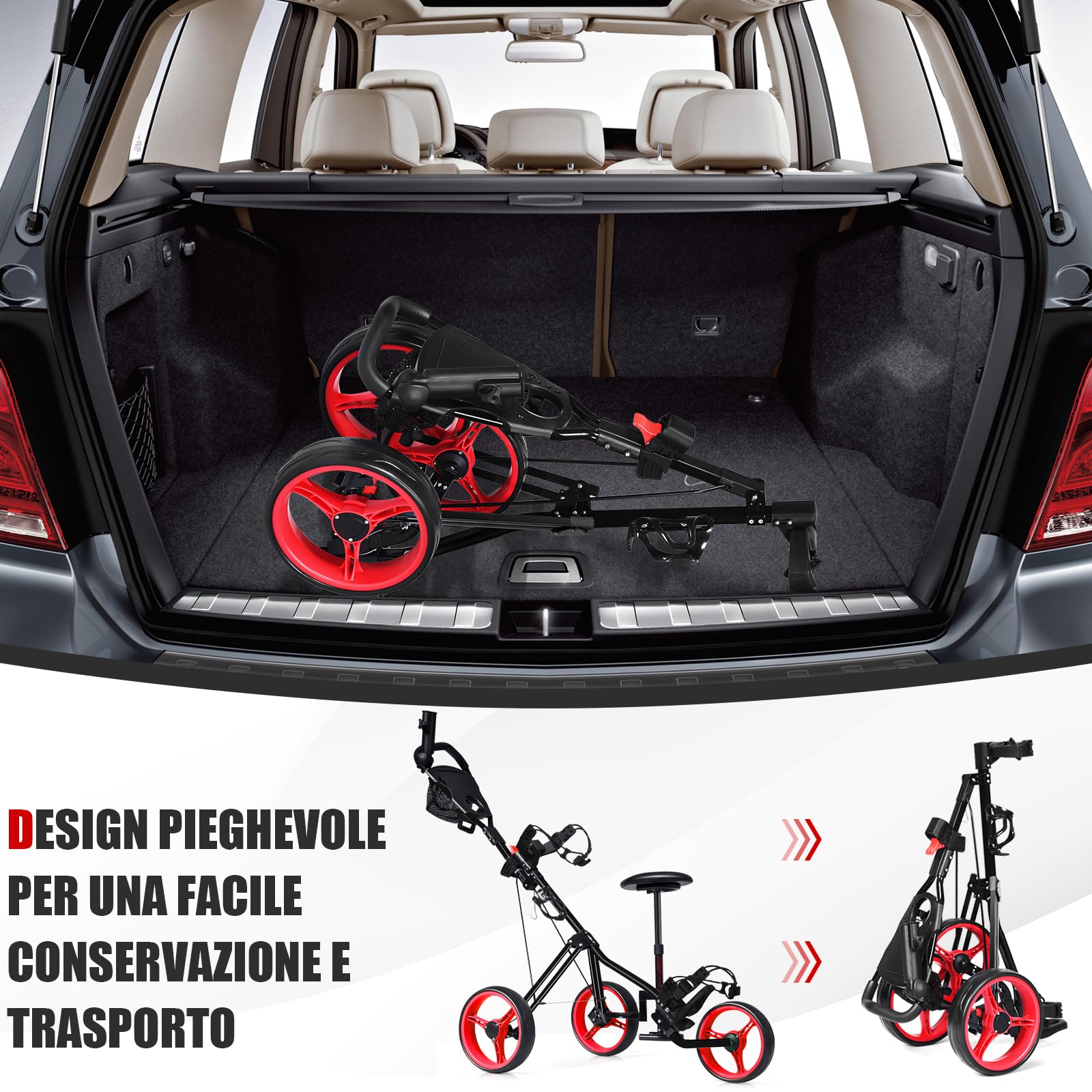 COSTWAY Carrello da Golf Pieghevole a 3 Ruote, con Sedile, Maniglia Regolabile in Altezza, Rabellone Segnapunti, Portabevande, Portaombrelli e Freno a Pedale