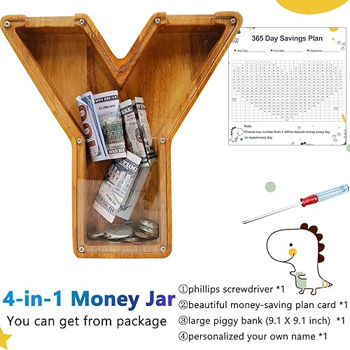 Miniatura 349 de Alcancía para niños y niñas, alcancía grande de madera personalizada con diseño recortado, bancos de monedas con letras del alfabeto, caja de ahorro